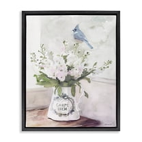 Stupell Industries Blue Cardinal on Spring Bouquet Carpe Diem Watercolor Jet Black Framed Floating Canvas Wall Art, 16x20, by Stellar Design Studio