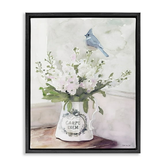 Stupell Industries Blue Cardinal on Spring Bouquet Carpe Diem Watercolor Jet Black Framed Floating Canvas Wall Art, 16x20, by Stellar Design Studio