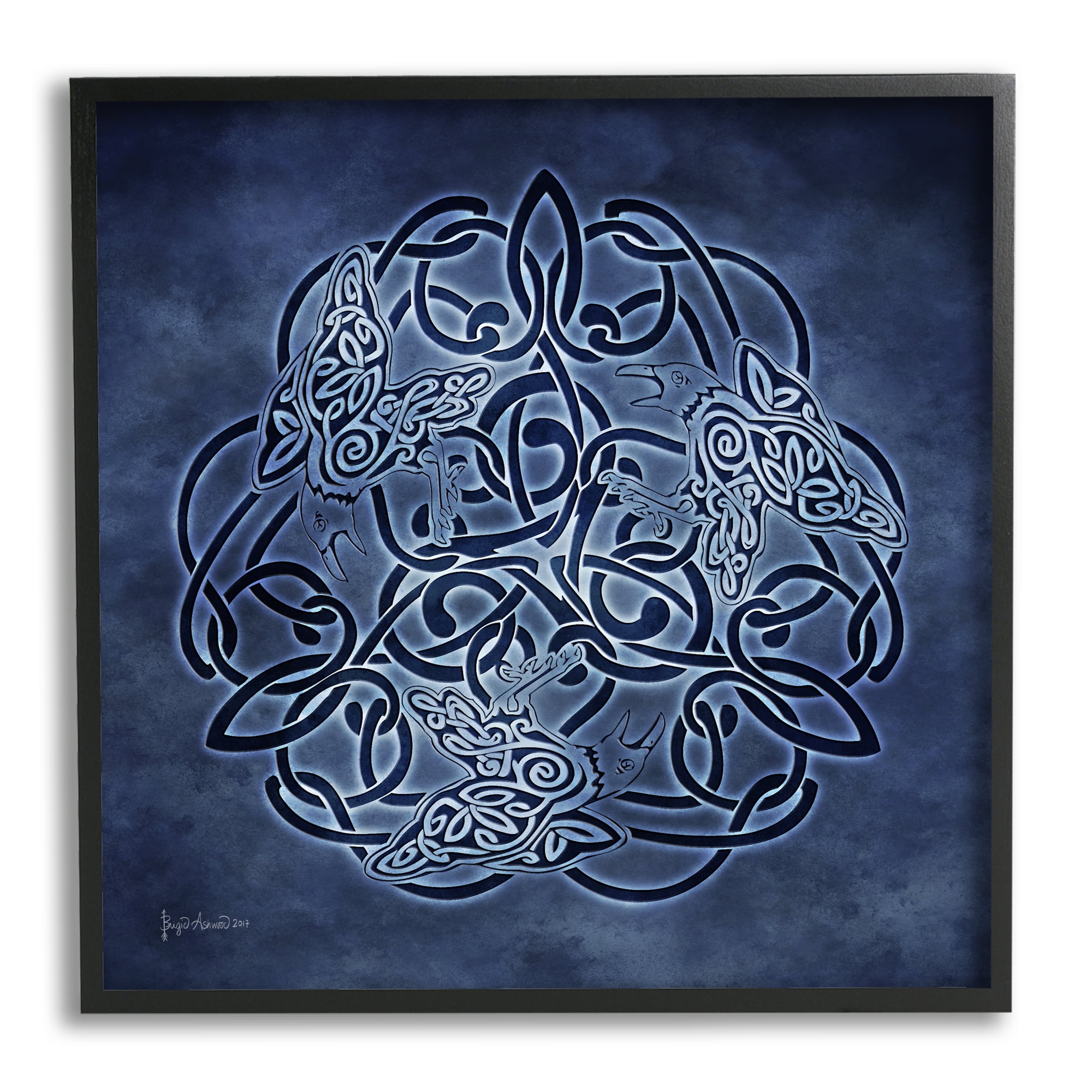 Stupell Industries Blue Celtic Raven Pattern Abstract Painting Black Framed Art Print Wall Art, 24 x 24