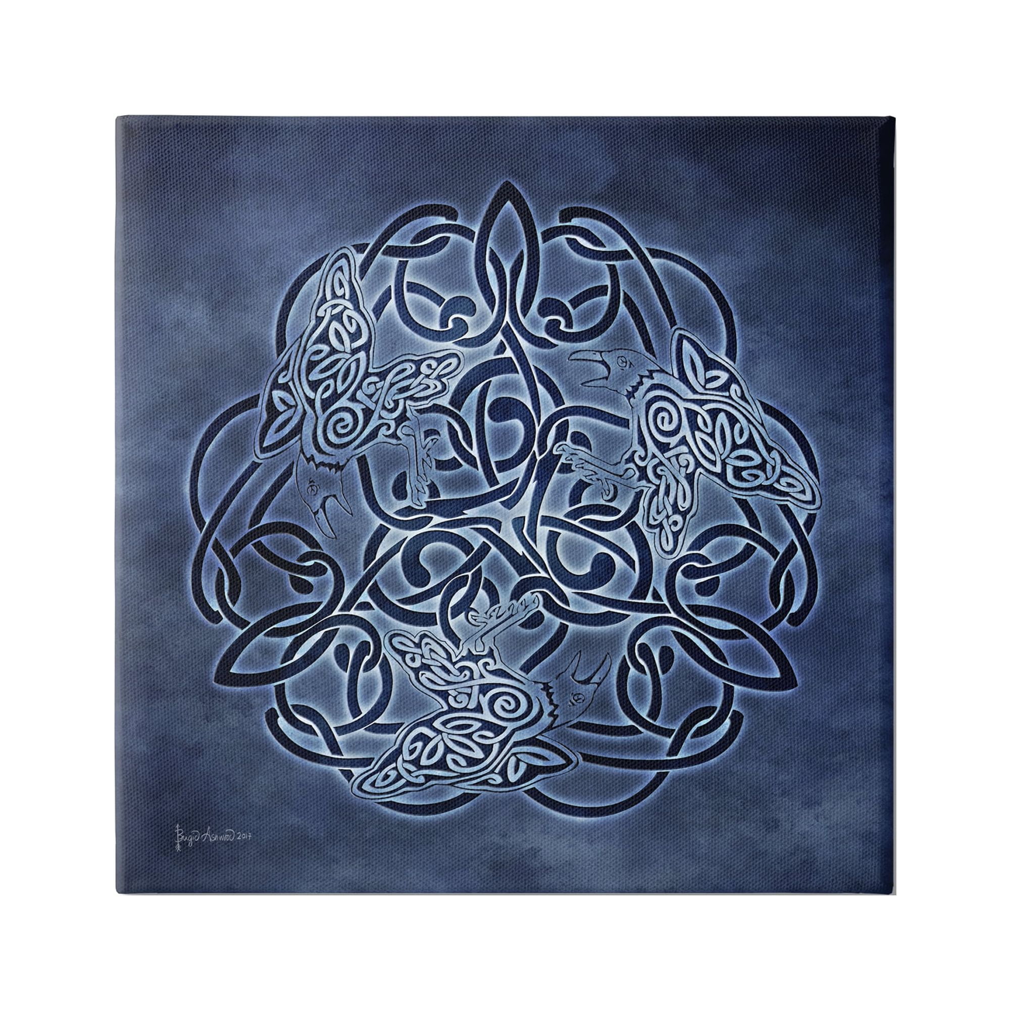 Blue Celtic Raven Pattern Canvas Wall Art with Wooden Frame