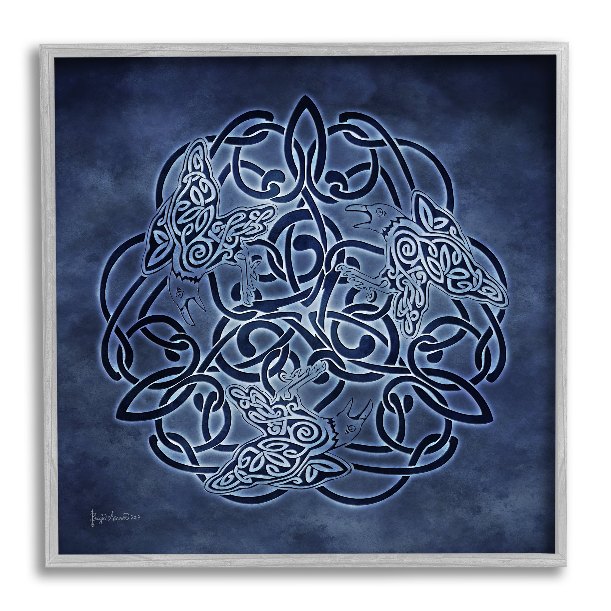 Stupell Industries Blue Celtic Raven Pattern Abstract Painting Gray Framed Art Print Wall Art, 24 x 24