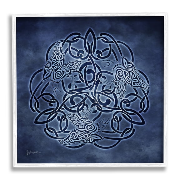 Stupell Industries Blue Celtic Raven Pattern Abstract Painting White Framed Art Print Wall Art, 17 x 17