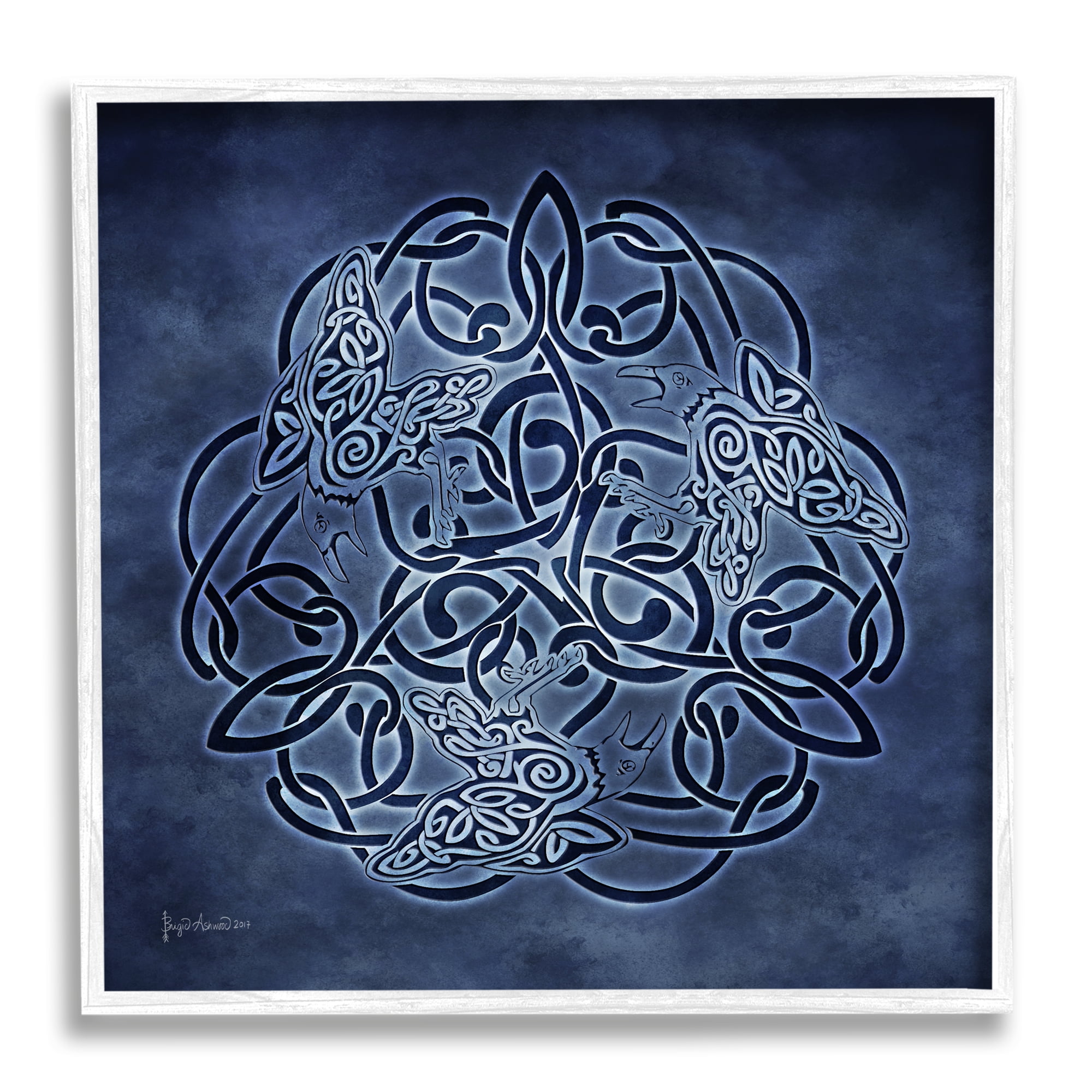 Stupell Industries Blue Celtic Raven Pattern Abstract Painting White Framed Art Print Wall Art, 24 x 24
