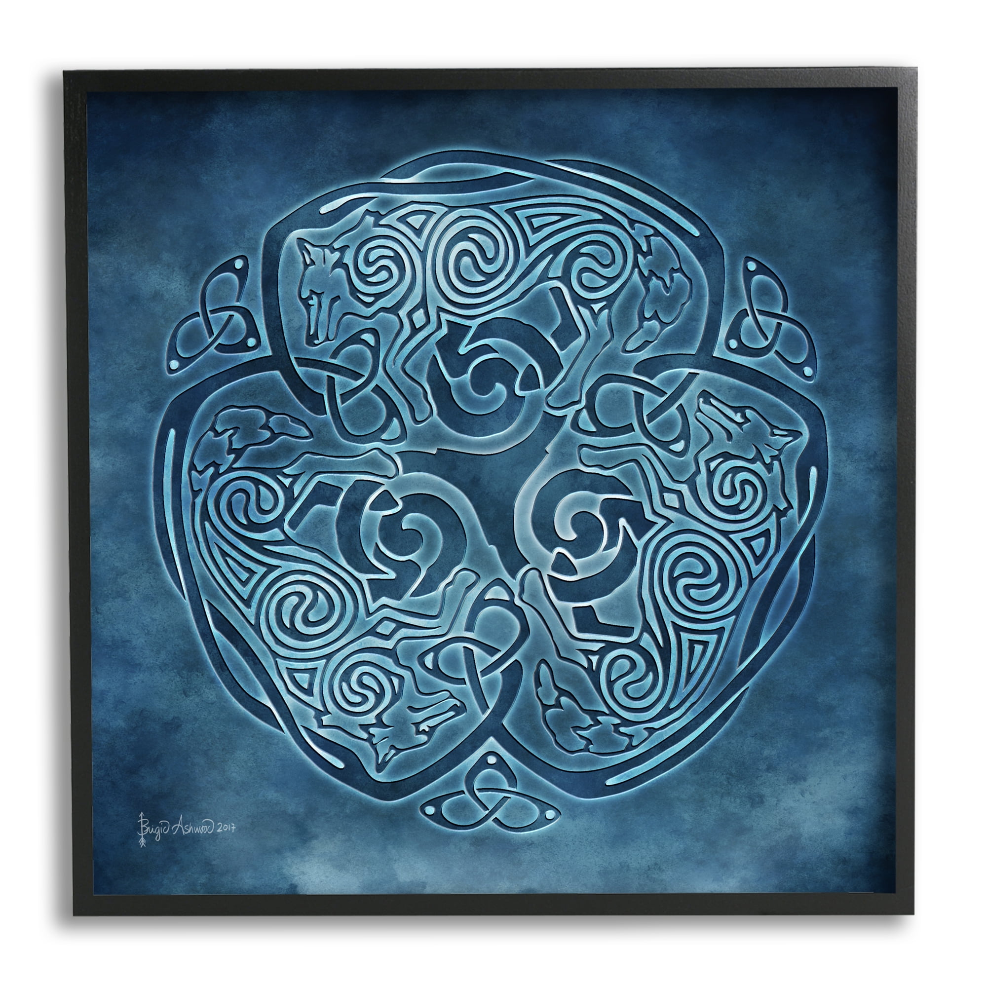 Stupell Industries Blue Celtic Wolf Abstract Painting Black Framed Art Print Wall Art, 24 x 24