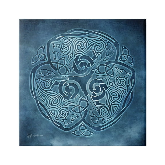 Stupell Industries Blue Celtic Wolf Abstract Painting Gallery Wrapped Canvas Art Print Wall Art, 36 x 36