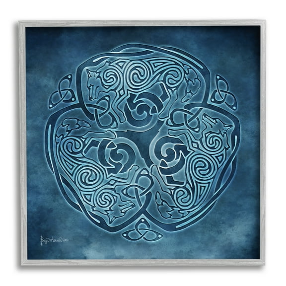 Stupell Industries Blue Celtic Wolf Abstract Painting Gray Framed Art Print Wall Art, 12 x 12