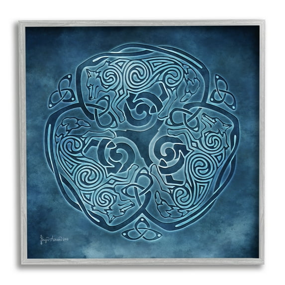 Stupell Industries Blue Celtic Wolf Abstract Painting Gray Framed Art Print Wall Art, 12 x 12
