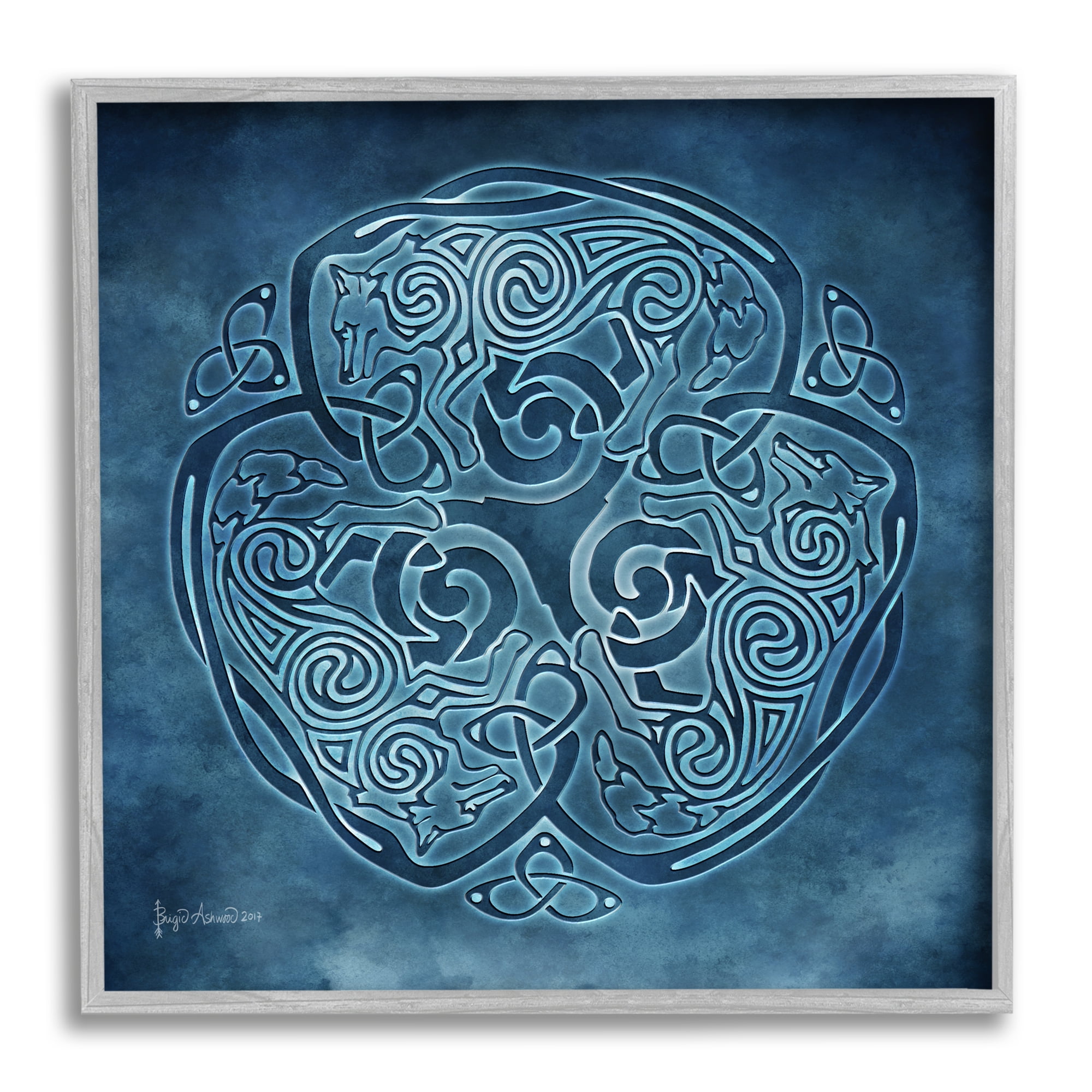 Stupell Industries Blue Celtic Wolf Abstract Painting Gray Framed Art Print Wall Art, 24 x 24