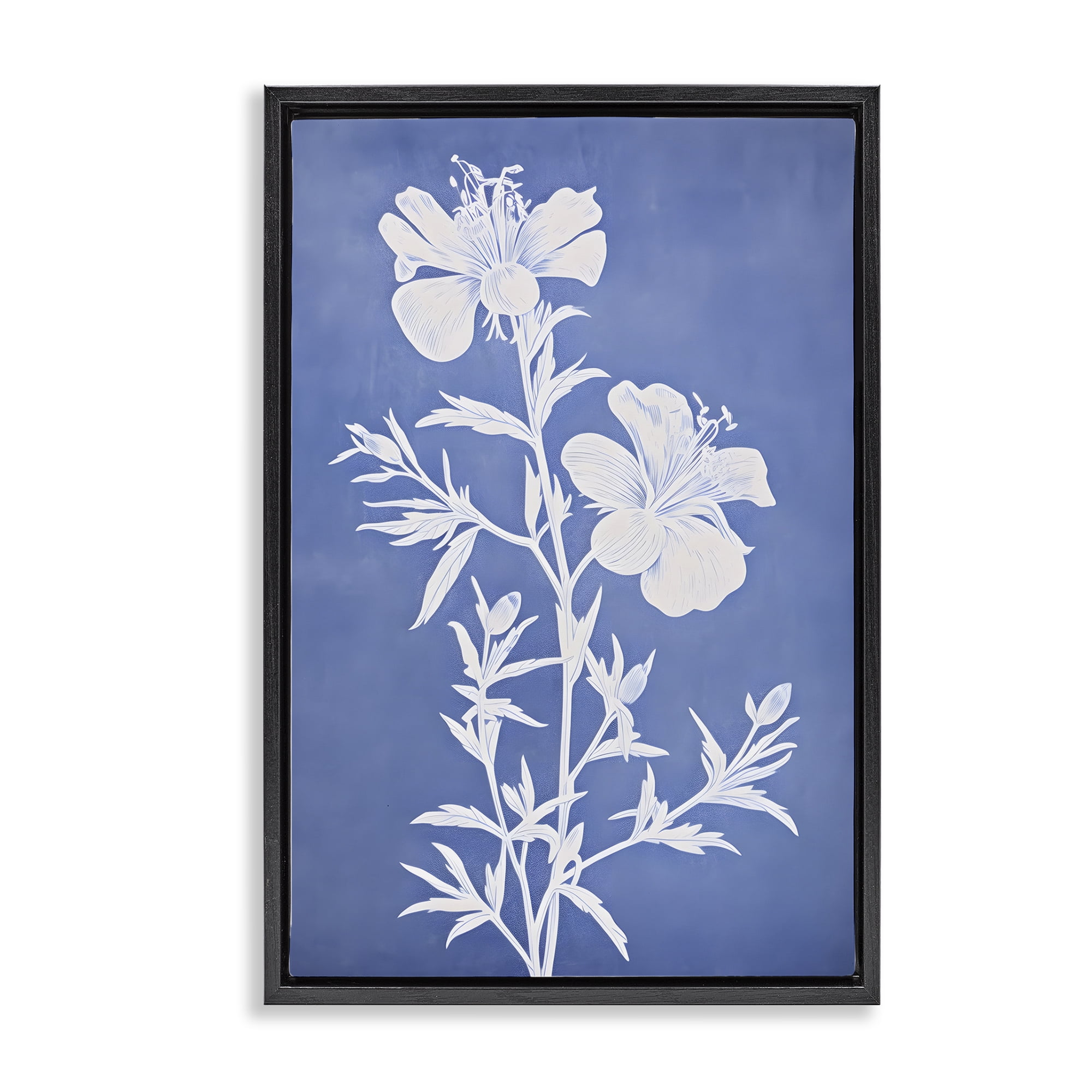 Blue and White Floral Abstract Canvas Print with Black Frame, 17 x 25