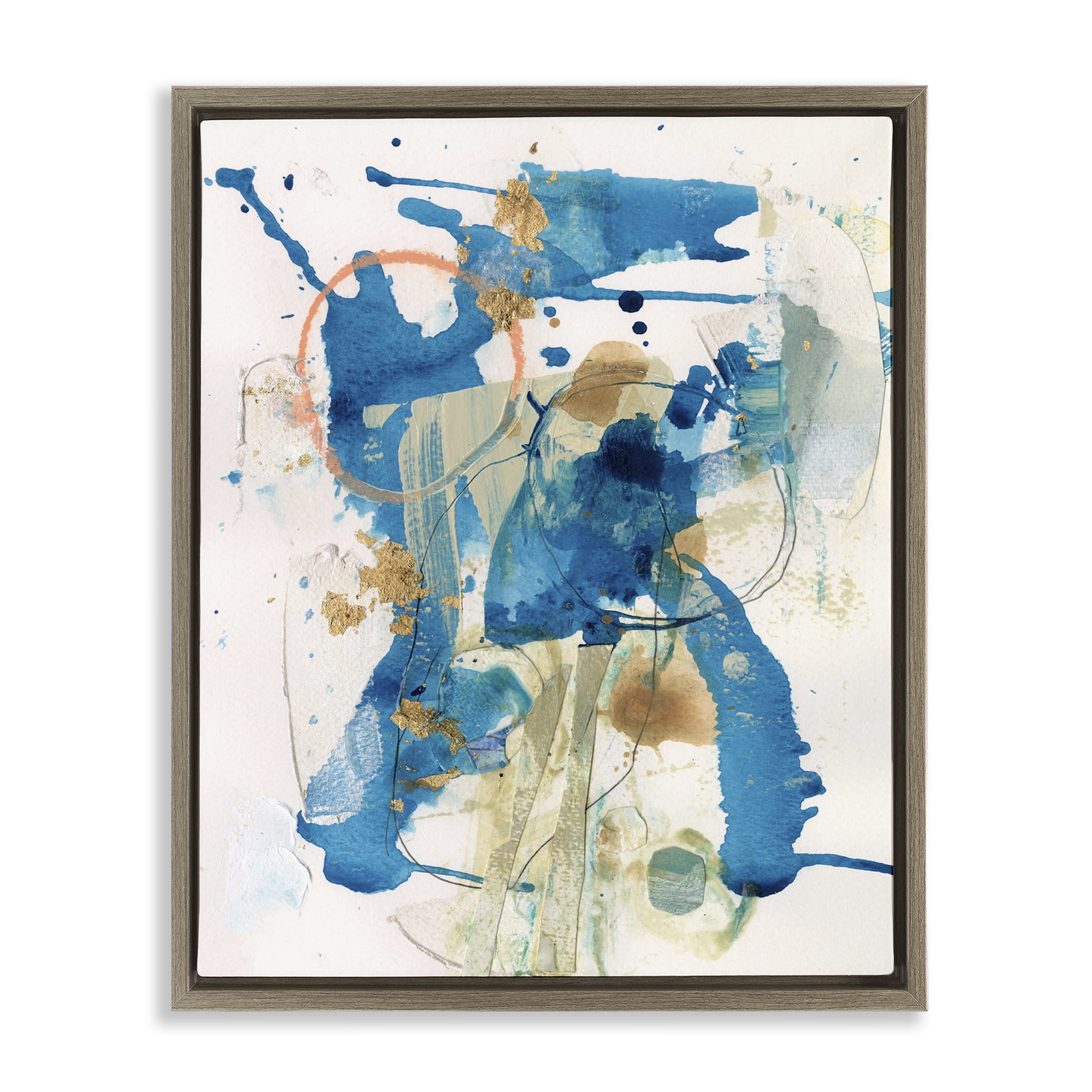 Stupell Industries Blue Chaotic Splash Abstract Painting Brown Floater Framed Canvas Art Print Wall Art, 25 x 31