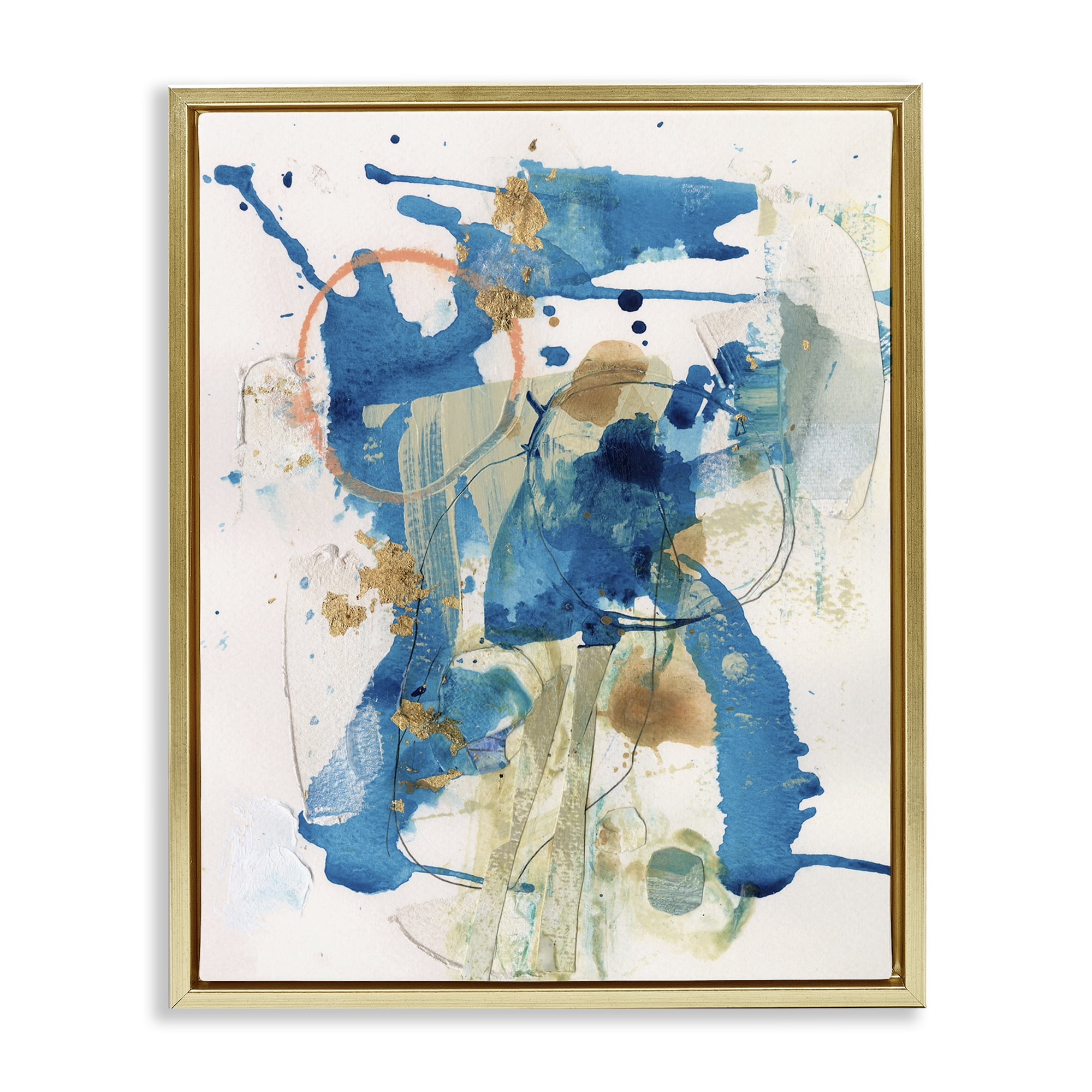 Stupell Industries Blue Chaotic Splash Abstract Painting Gold Floater Framed Canvas Art Print Wall Art, 25 x 31