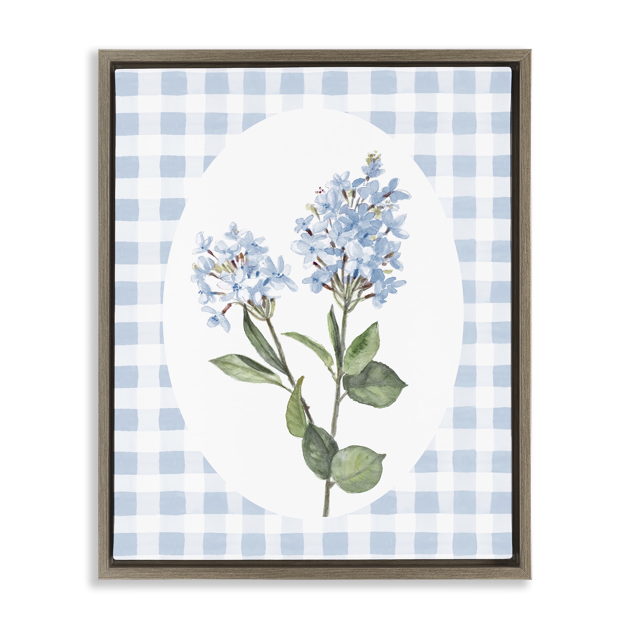 Stupell Industries Blue Checkered Blooms Brown Framed Floater Canvas Wall Art, design by Lanie Loreth