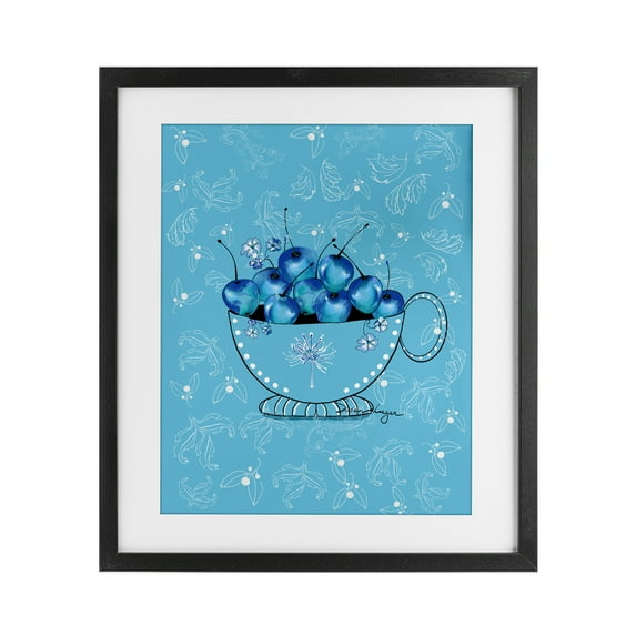 Stupell Industries Blue Cherries Teacup on Florals Black Framed Print Under Glass design by Susan Lugar, 16 x 13