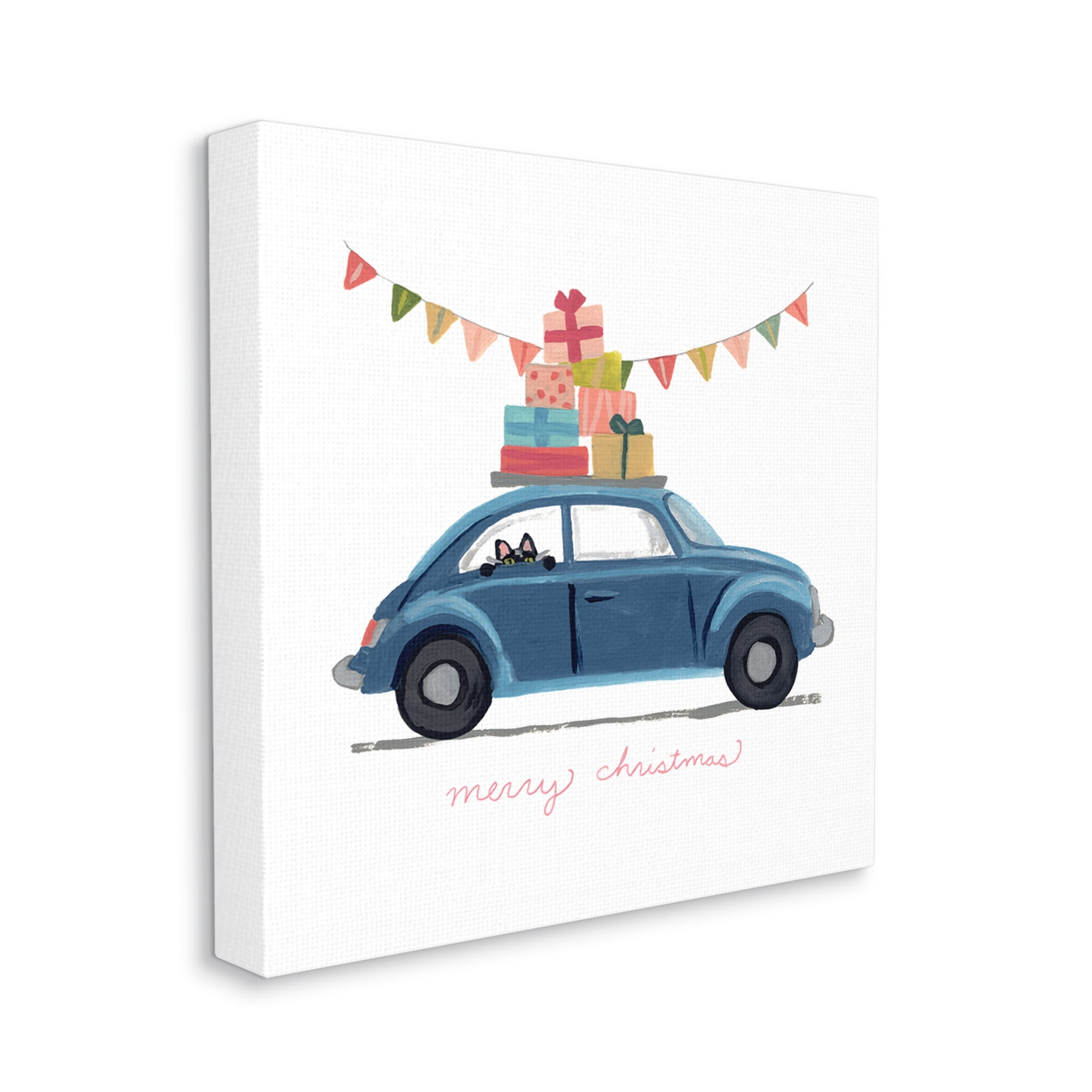 Stupell Industries Blue Christmas Cat Car with Present Stack Transportation Painting Gallery Wrapped Canvas Art Print Wall Art, 30 x 30
