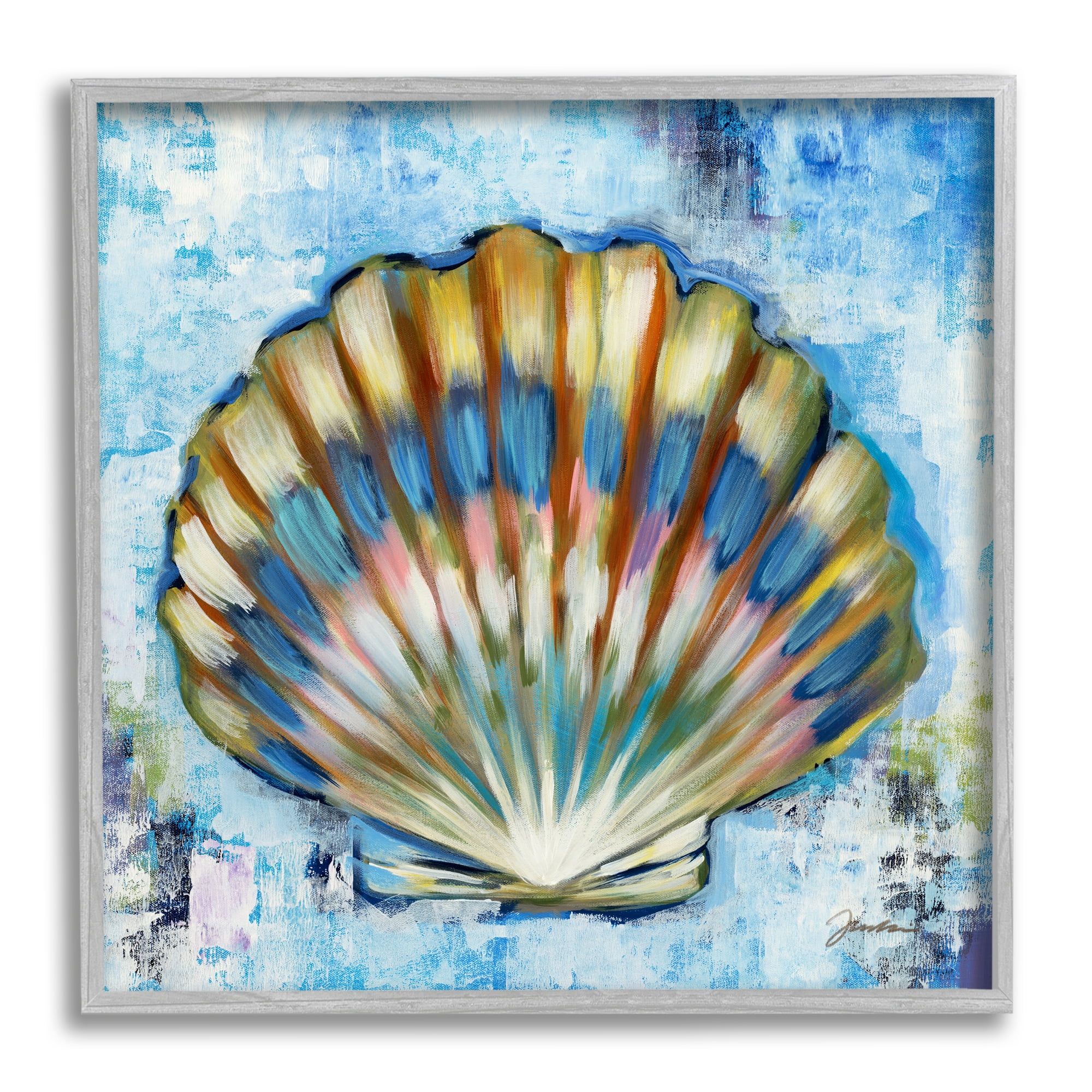 Stupell Industries Blue Clam Seashell Animals & Insects Painting Gray Framed Art Print Wall Art, 24 x 24