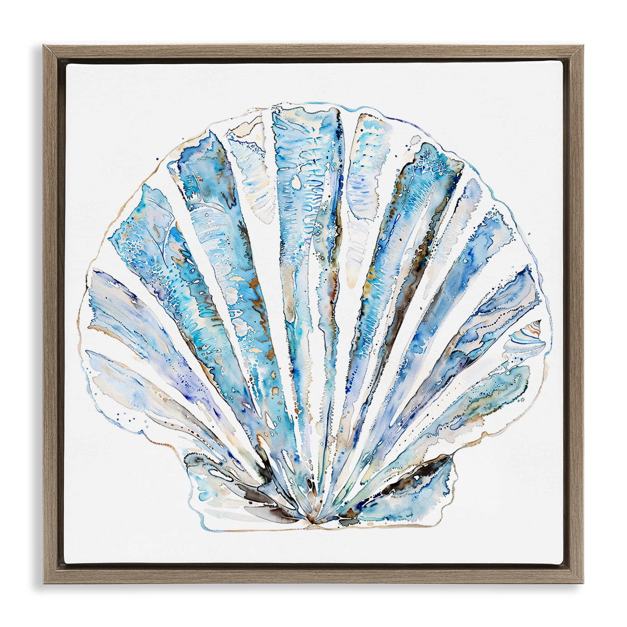 Stupell Industries Blue Clam Shell Coastal Painting Brown Floater Framed Canvas Art Print Wall Art, 18 x 18