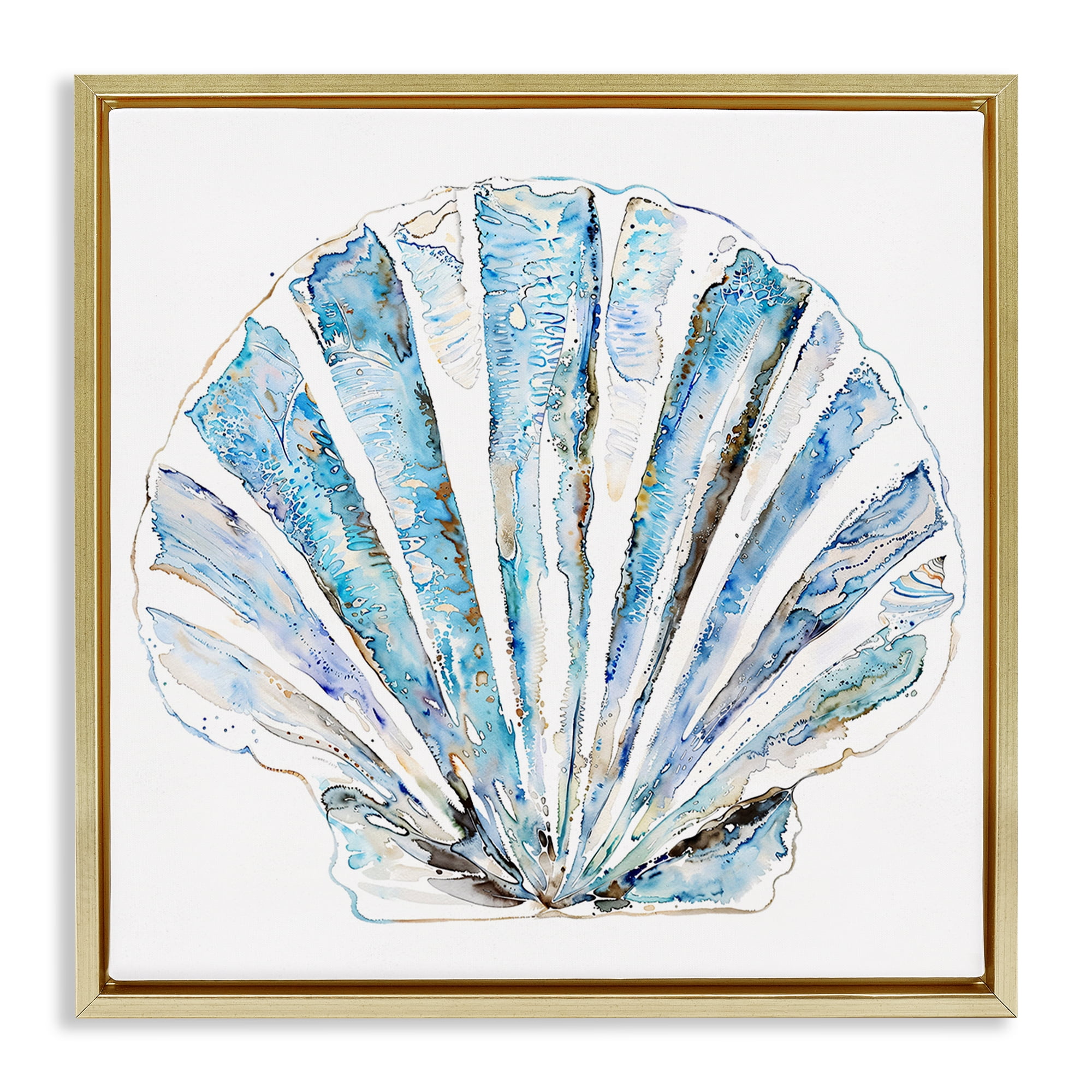 Stupell Industries Blue Clam Shell Coastal Painting Gold Floater Framed Canvas Art Print Wall Art, 25 x 25