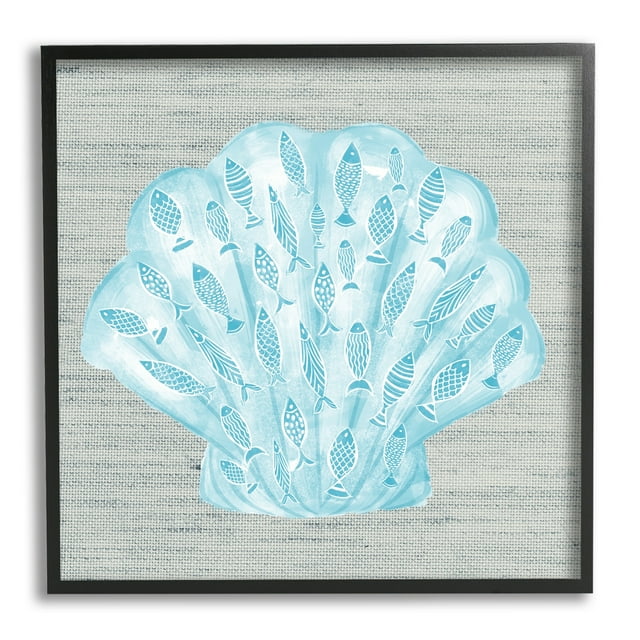 Stupell Industries Blue Clam Shell Patterned Fish Motif Sea Life Graphic Art Black Framed Art Print Wall Art, Design by Ziwei Li