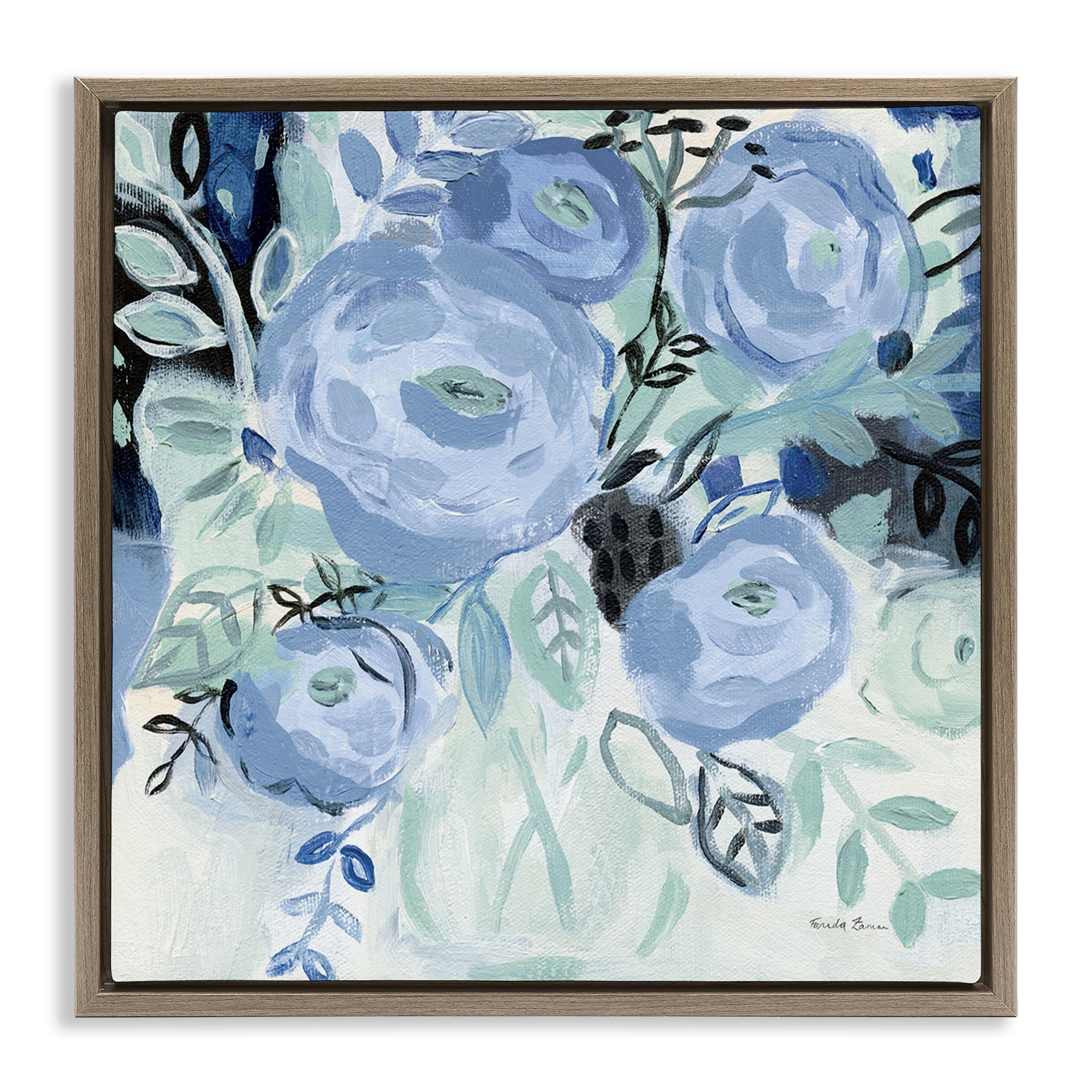 Stupell Industries Blue Coastal Blooms Botanical & Floral Painting Brown Floater Framed Art Print Wall Art, 18 x 18