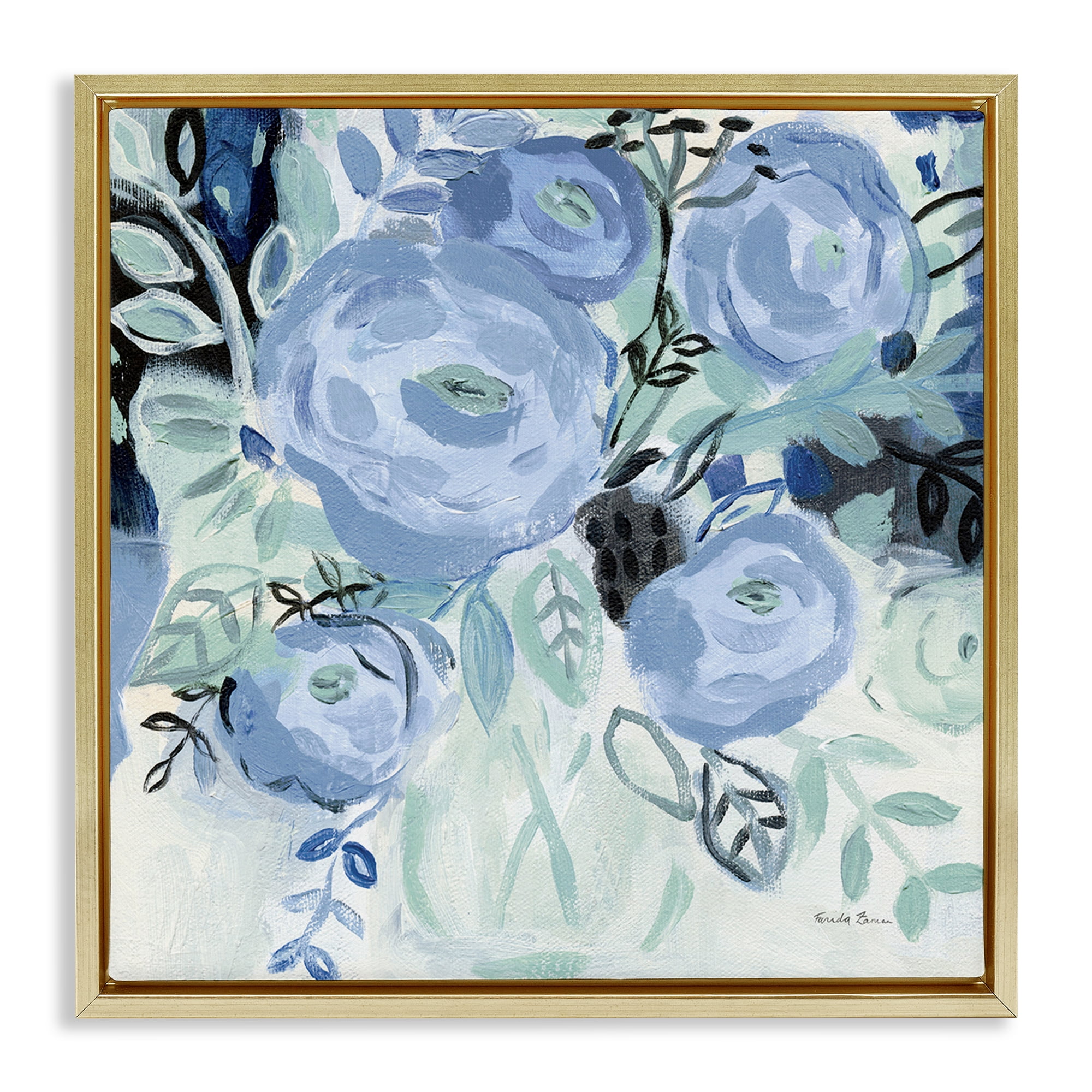 Stupell Industries Blue Coastal Blooms Botanical & Floral Painting Gold Floater Framed Art Print Wall Art, 18 x 18