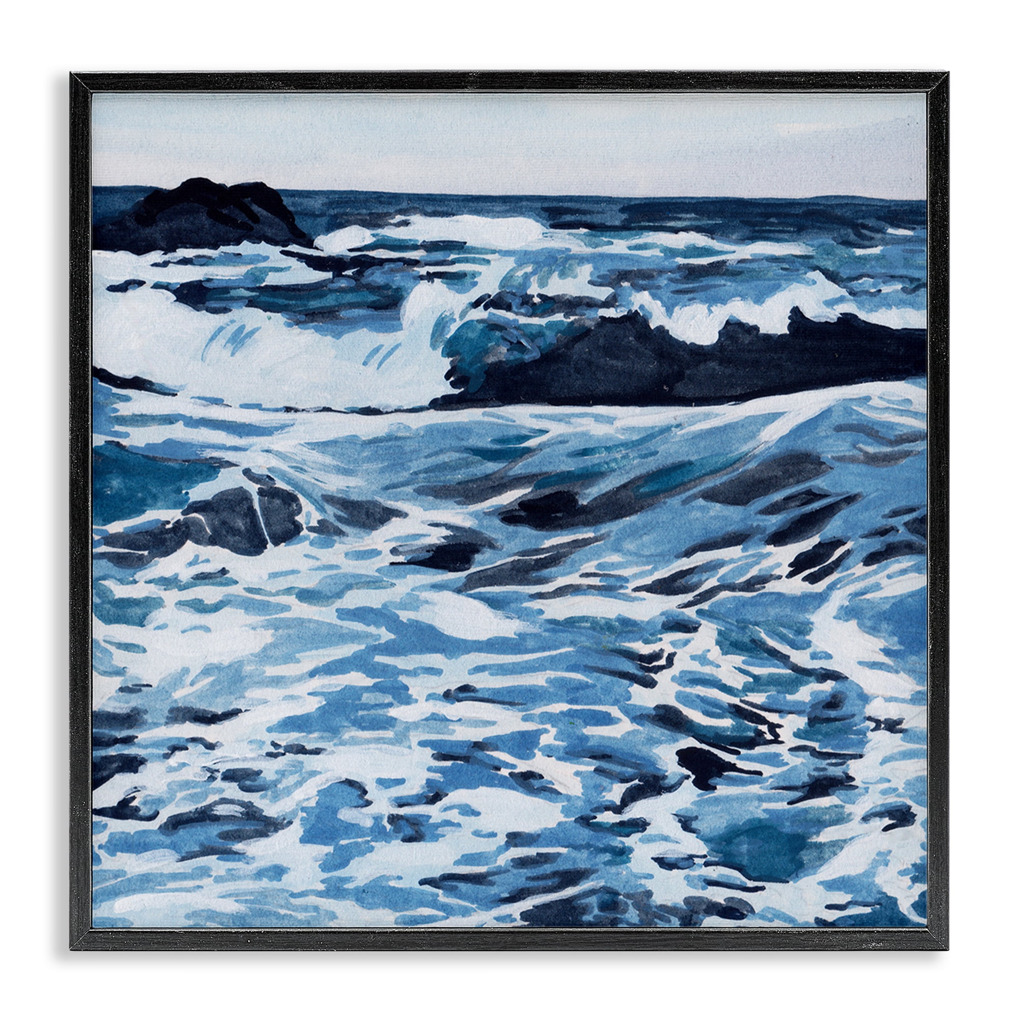 Stupell Industries Blue Coastal Waves Landscape Painting Black Framed Art Print Wall Art, 12 x 12