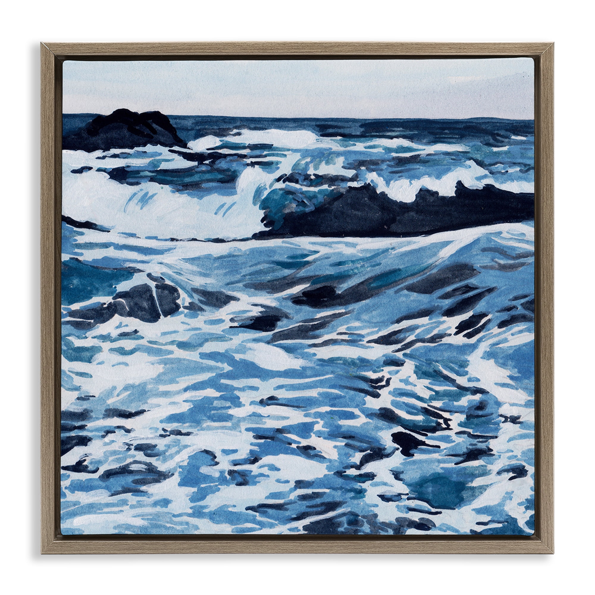 Stupell Industries Blue Coastal Waves Landscape Painting Brown Floater Framed Canvas Art Print Wall Art, 25 x 25