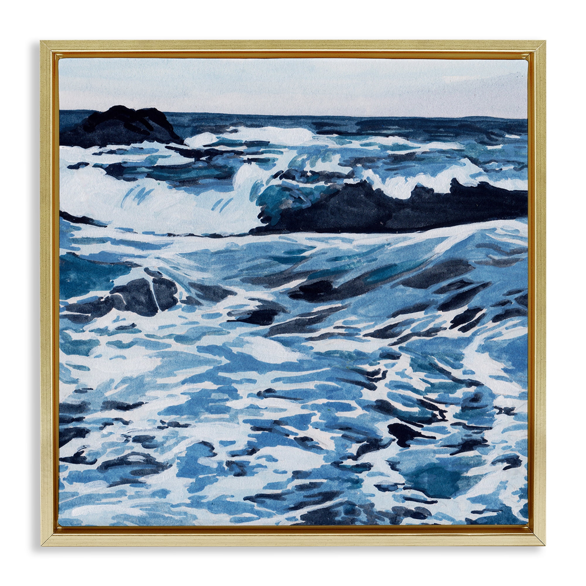 Stupell Industries Blue Coastal Waves Landscape Painting Gold Floater Framed Canvas Art Print Wall Art, 25 x 25