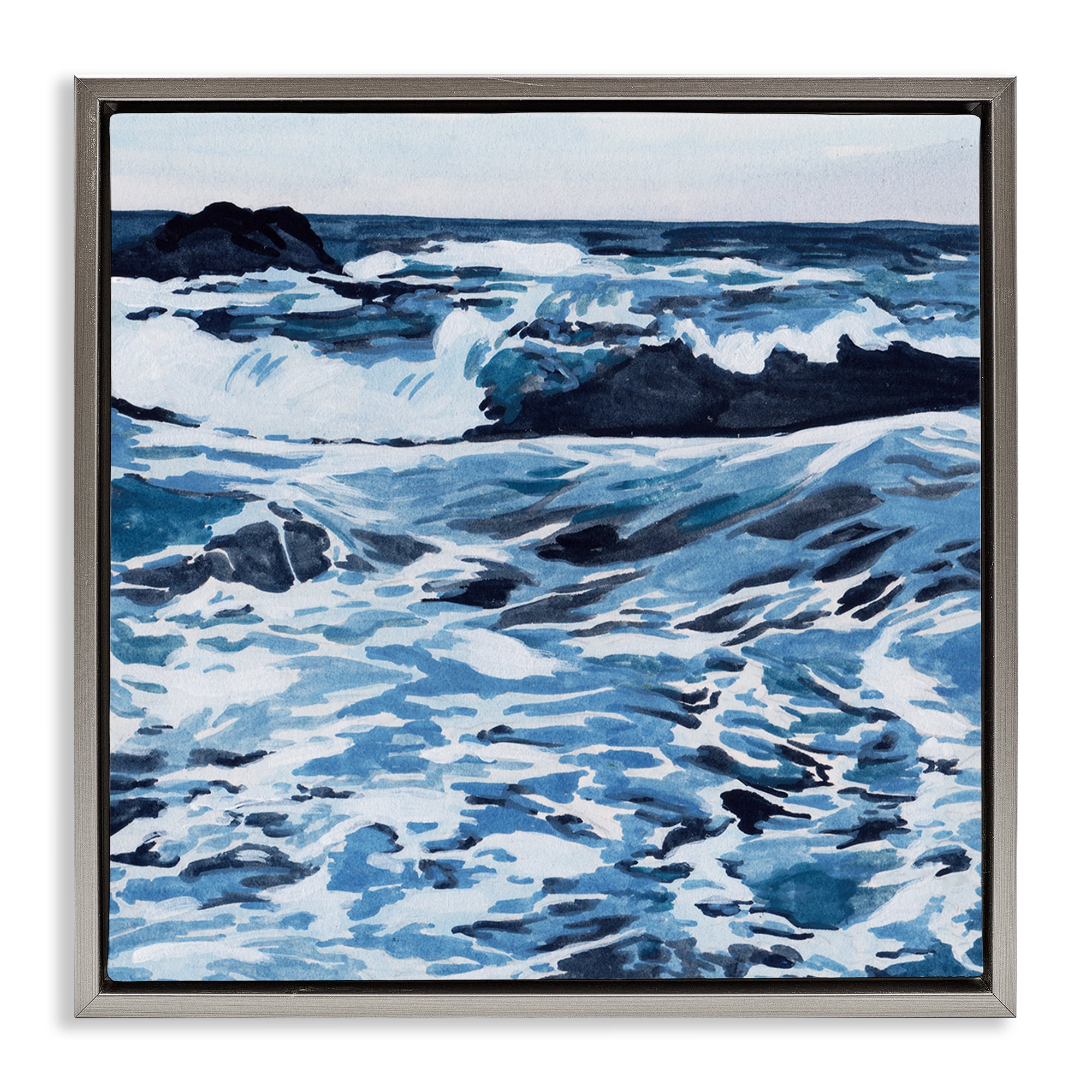 Stupell Industries Blue Coastal Waves Landscape Painting Gray Floater Framed Canvas Art Print Wall Art, 18 x 18