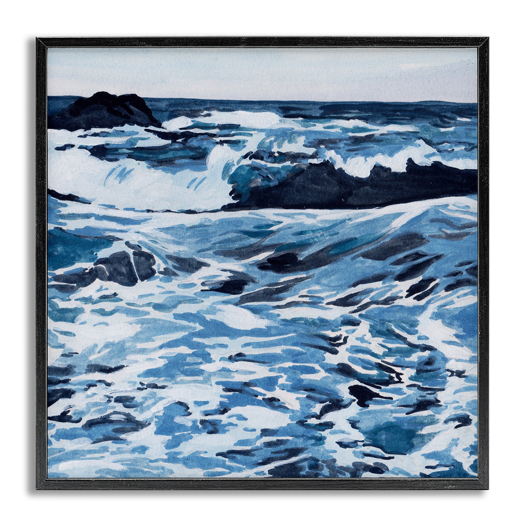 Stupell Industries Blue Coastal Waves Landscape Painting Gray Framed Art Print Wall Art, 24 x 24