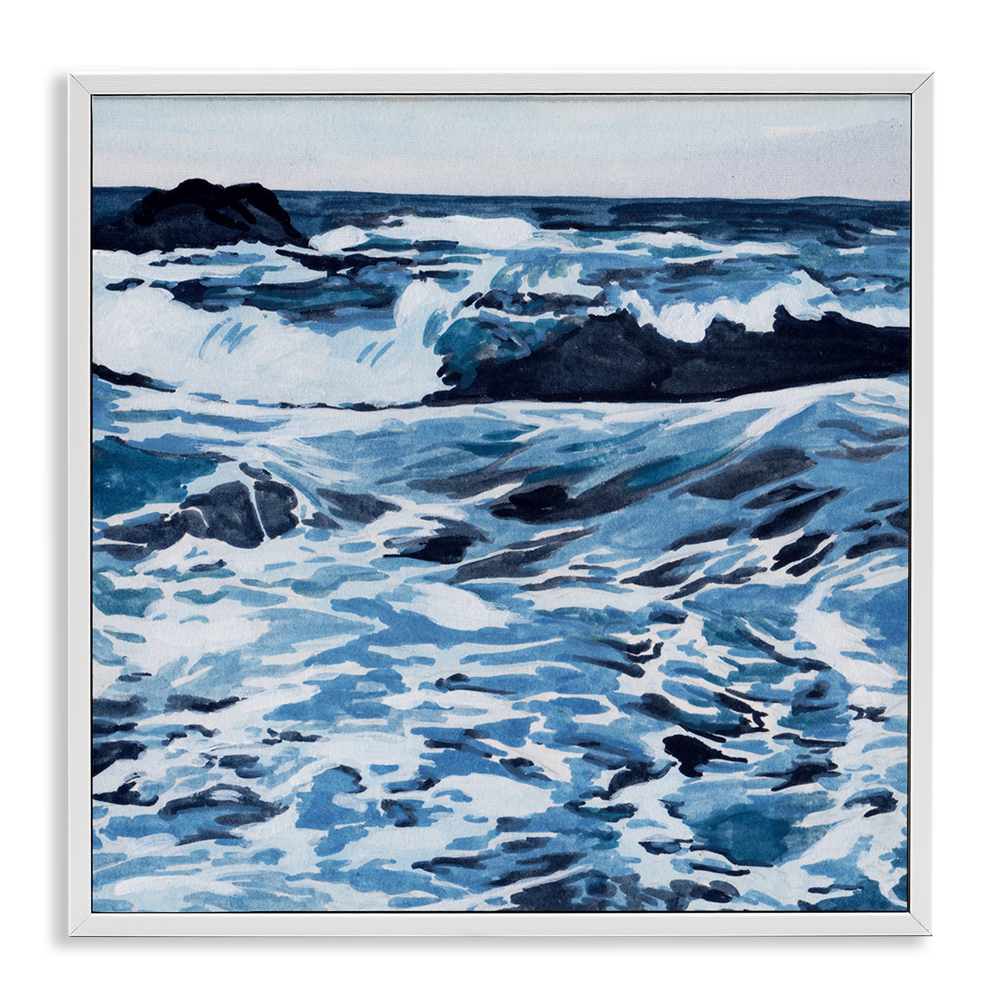 Stupell Industries Blue Coastal Waves Landscape Painting White Framed Art Print Wall Art, 17 x 17