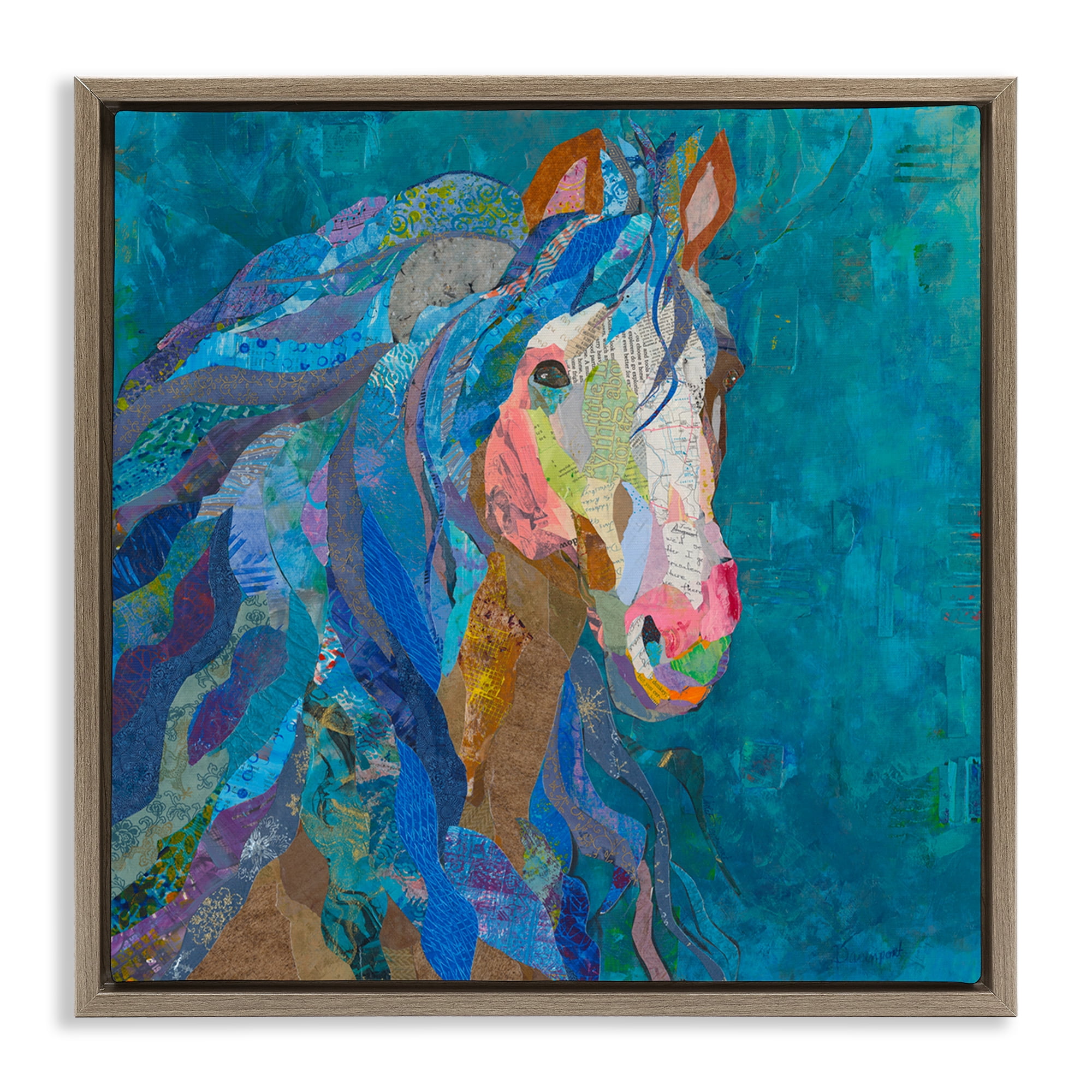 Stupell Industries Blue Collaged Pegasus Animals Painting Brown Floater Framed Canvas Art Print Wall Art, 18 x 18