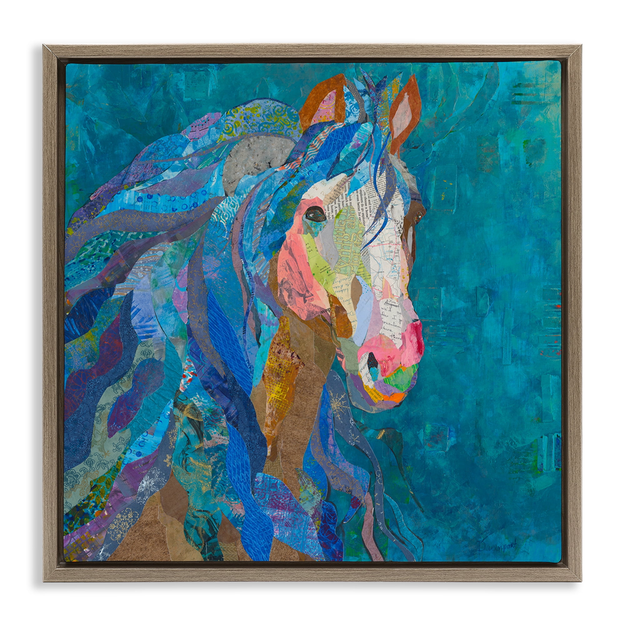 Stupell Industries Blue Collaged Pegasus Animals Painting Brown Floater Framed Canvas Art Print Wall Art, 25 x 25