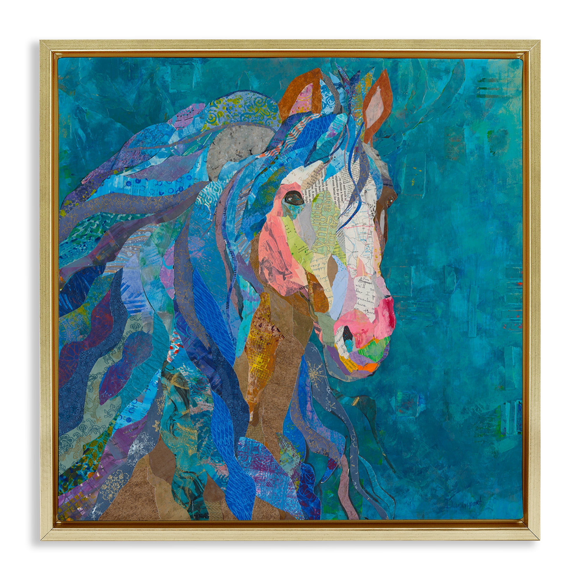 Stupell Industries Blue Collaged Pegasus Animals Painting Gold Floater Framed Canvas Art Print Wall Art, 25 x 25