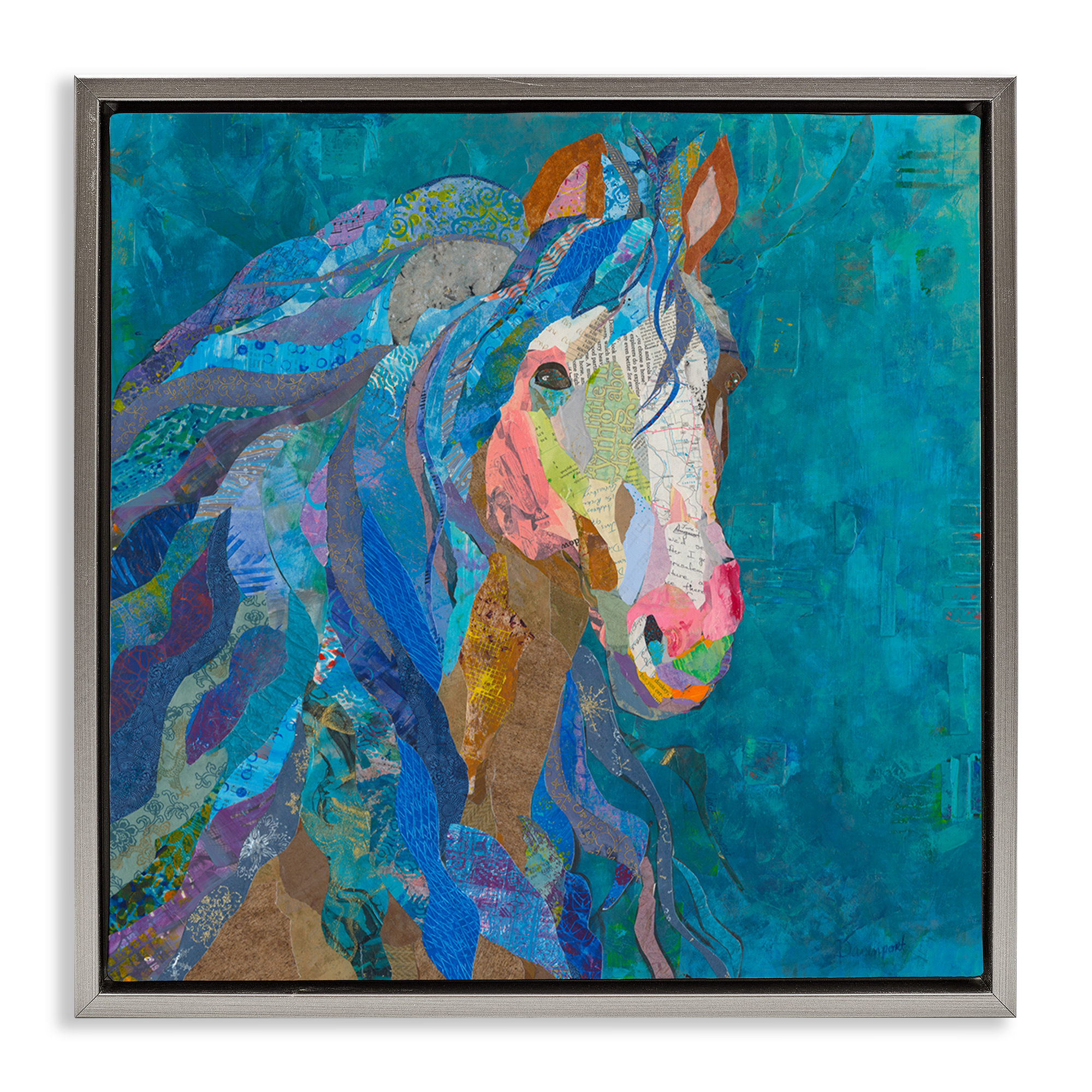 Stupell Industries Blue Collaged Pegasus Animals Painting Gray Floater Framed Canvas Art Print Wall Art, 18 x 18