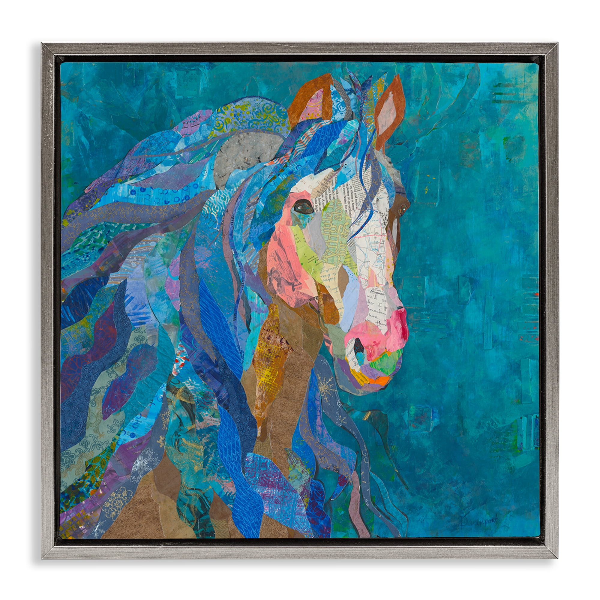 Stupell Industries Blue Collaged Pegasus Animals Painting Gray Floater Framed Canvas Art Print Wall Art, 25 x 25