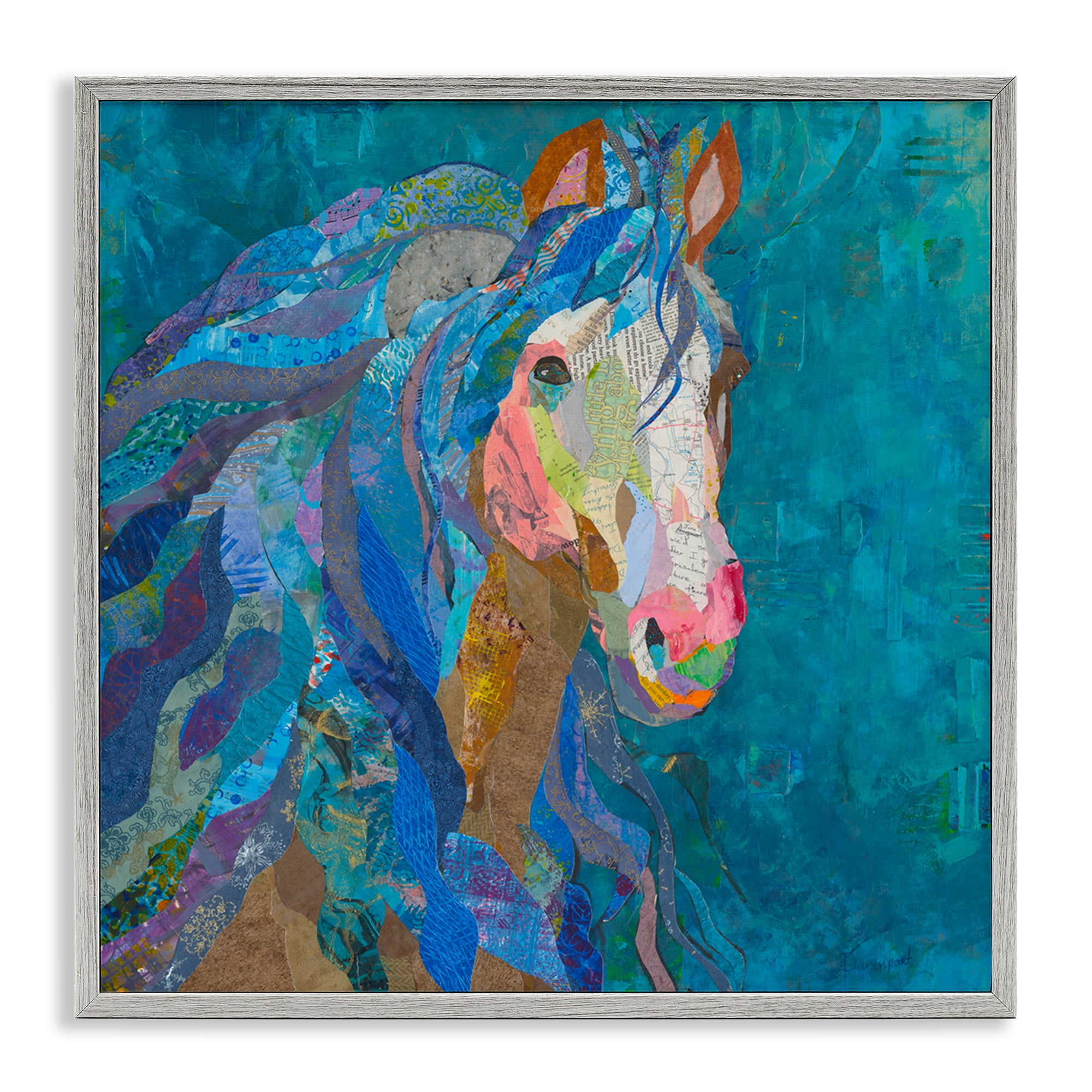 Stupell Industries Blue Collaged Pegasus Animals Painting Gray Framed Art Print Wall Art, 17 x 17