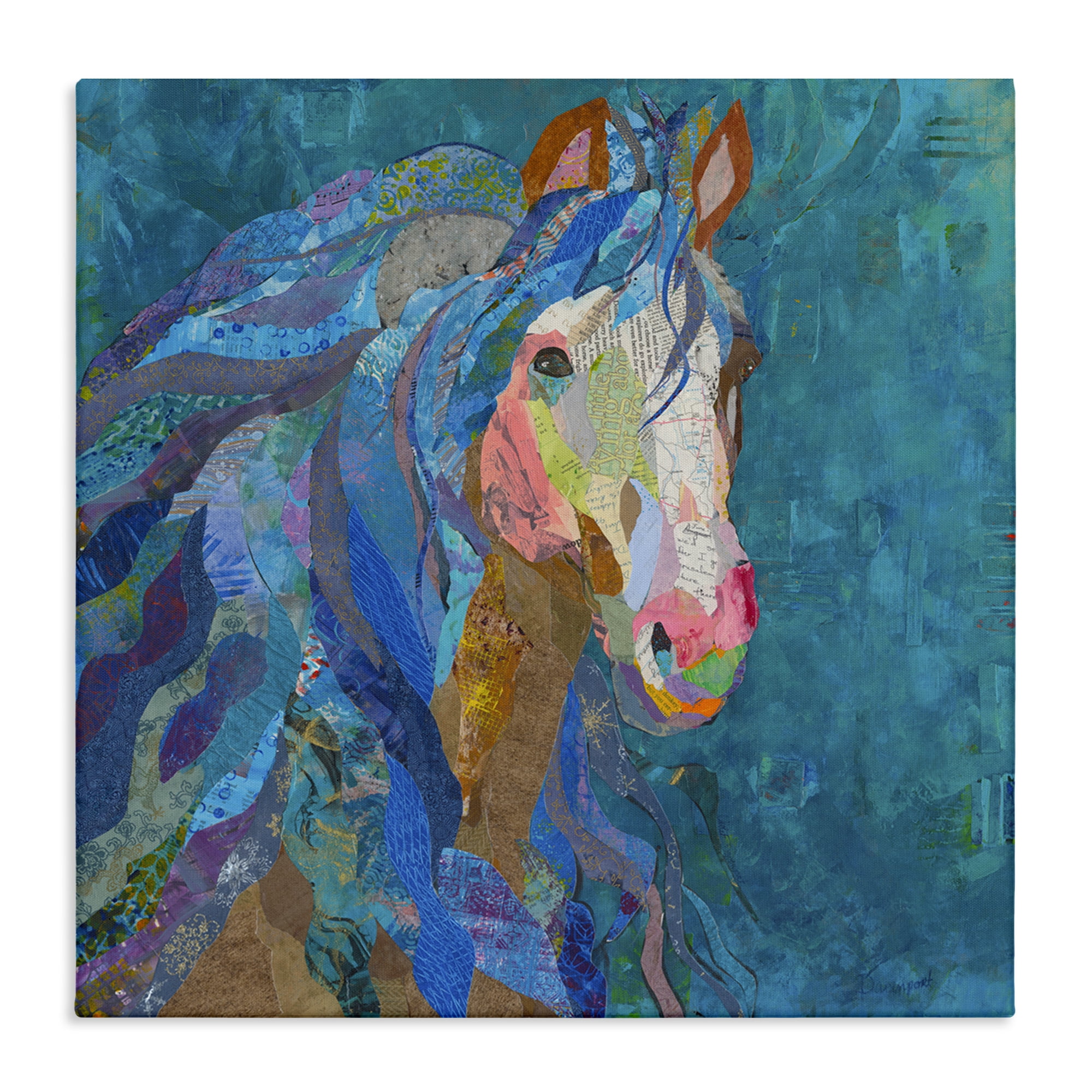 Stupell Industries Blue Collaged Pegasus Animals Painting Wrapped Canvas Art Print Wall Art, 17 x 17