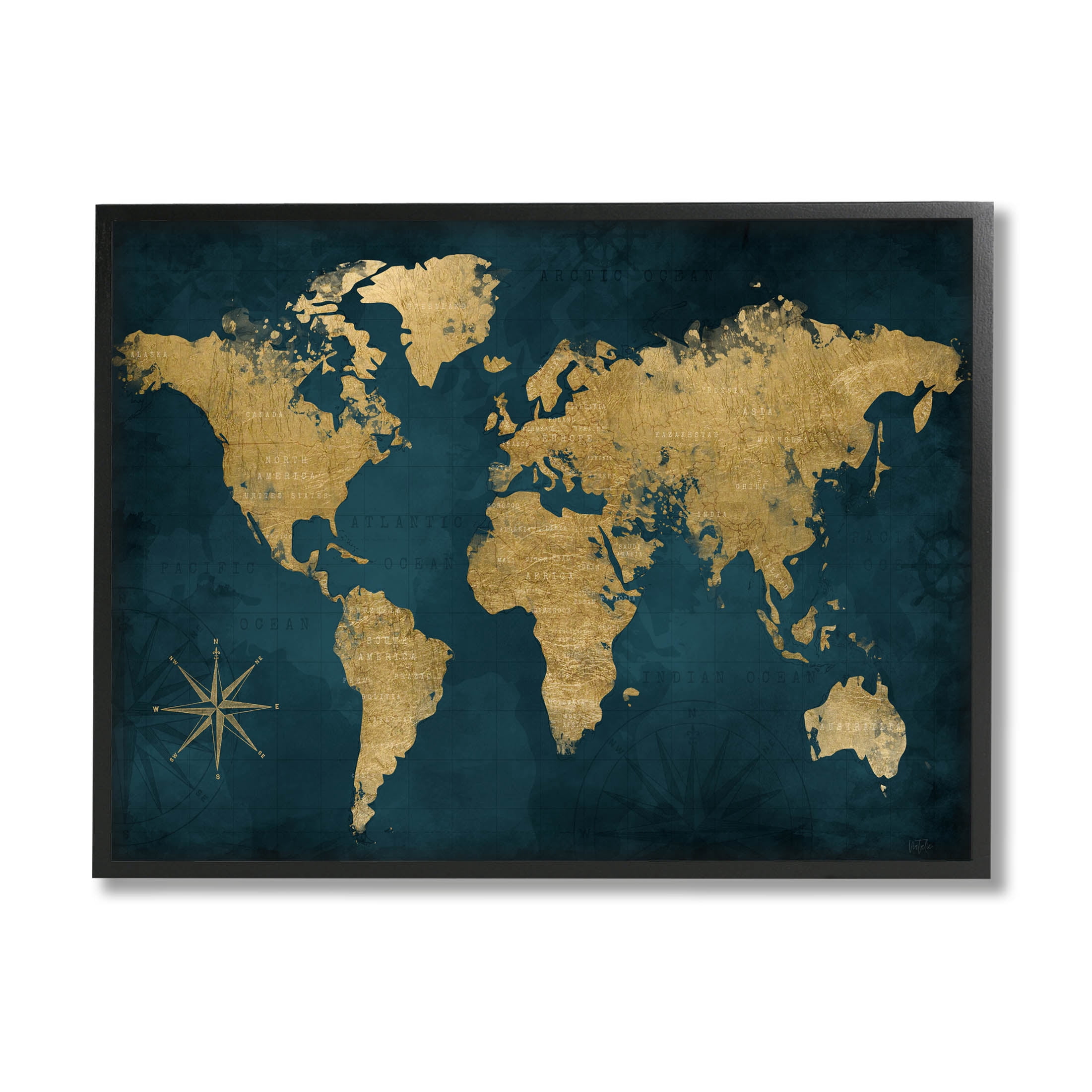 Stupell Industries Blue Compass Pattern Map Graphic Art Black Framed Art Print Wall Art, Design by Natalie Carpentieri