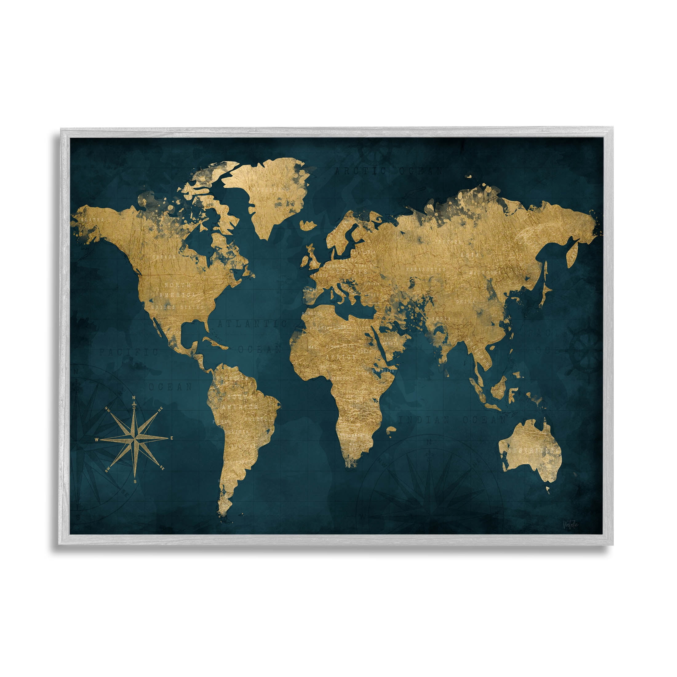 Stupell Industries Blue Compass Pattern Map Graphic Art Gray Framed Art Print Wall Art, Design by Natalie Carpentieri