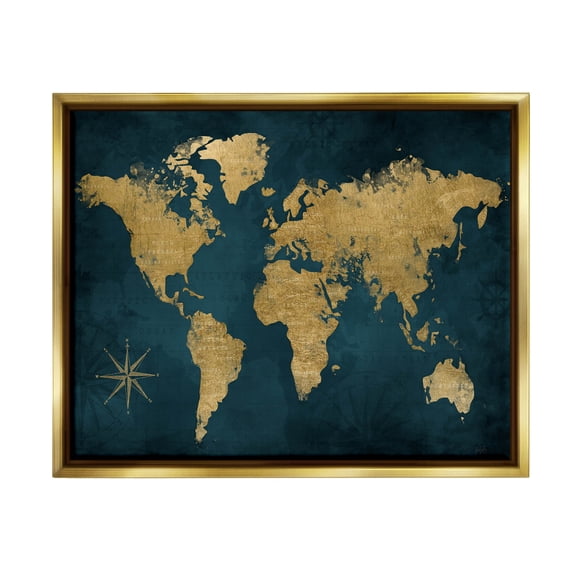 Stupell Industries Blue Compass Pattern Map Graphic Art Metallic Gold Floating Framed Canvas Print Wall Art, Design by Natalie Carpentieri