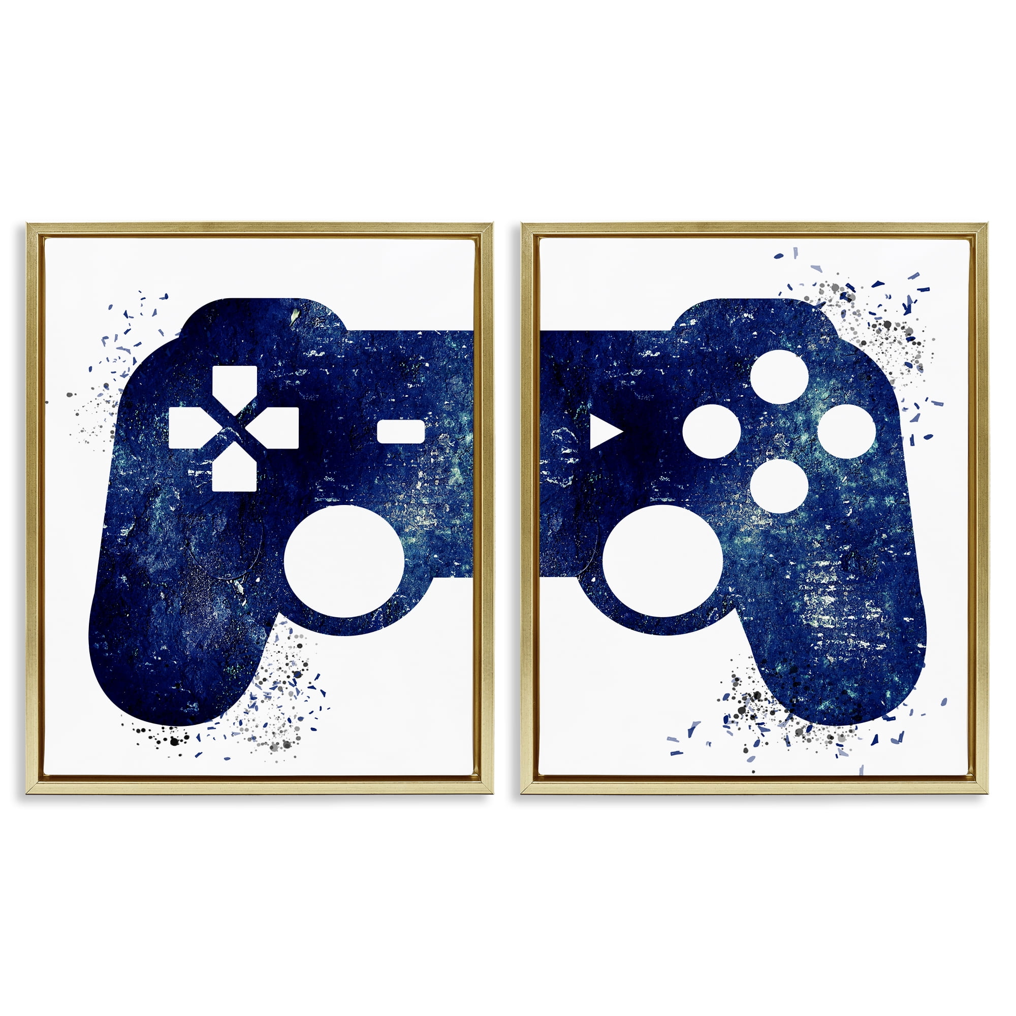 Stupell Industries Blue Controller Modern Speckles Entertainment Painting Gold Floater Framed Canvas Art Print Wall Art, 31 x 25, Set of 2