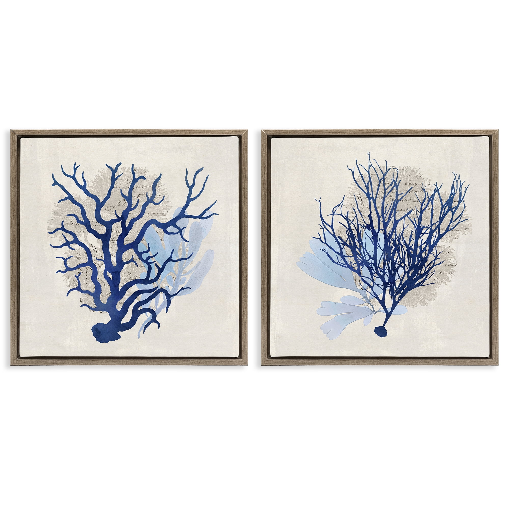 Stupell Industries Blue Coral Branches Nautical & Beach Painting Brown Floater Framed Canvas Art Print Wall Art, 18 x 18, Set of 2