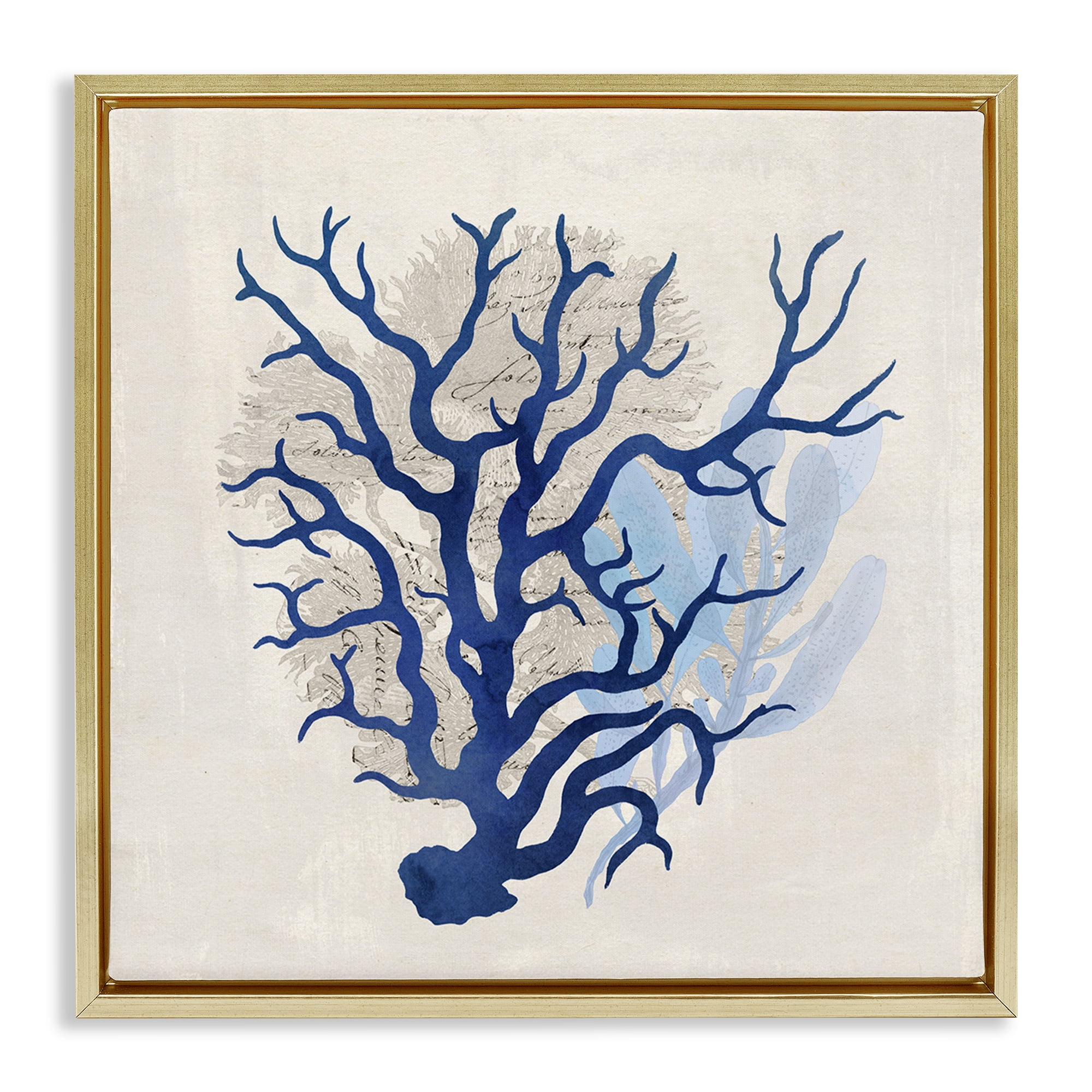 Stupell Industries Blue Coral Branches Nautical & Beach Painting Gold Floater Framed Canvas Art Print Wall Art, 25 x 25