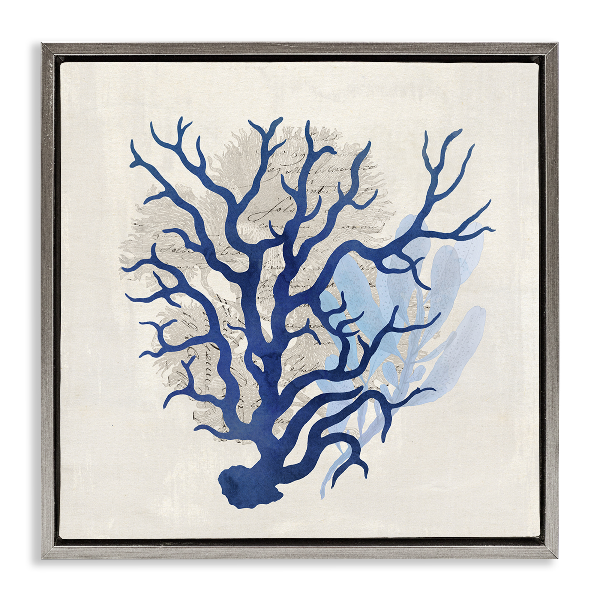 Stupell Industries Blue Coral Branches Nautical & Beach Painting Gray Floater Framed Canvas Art Print Wall Art, 25 x 25