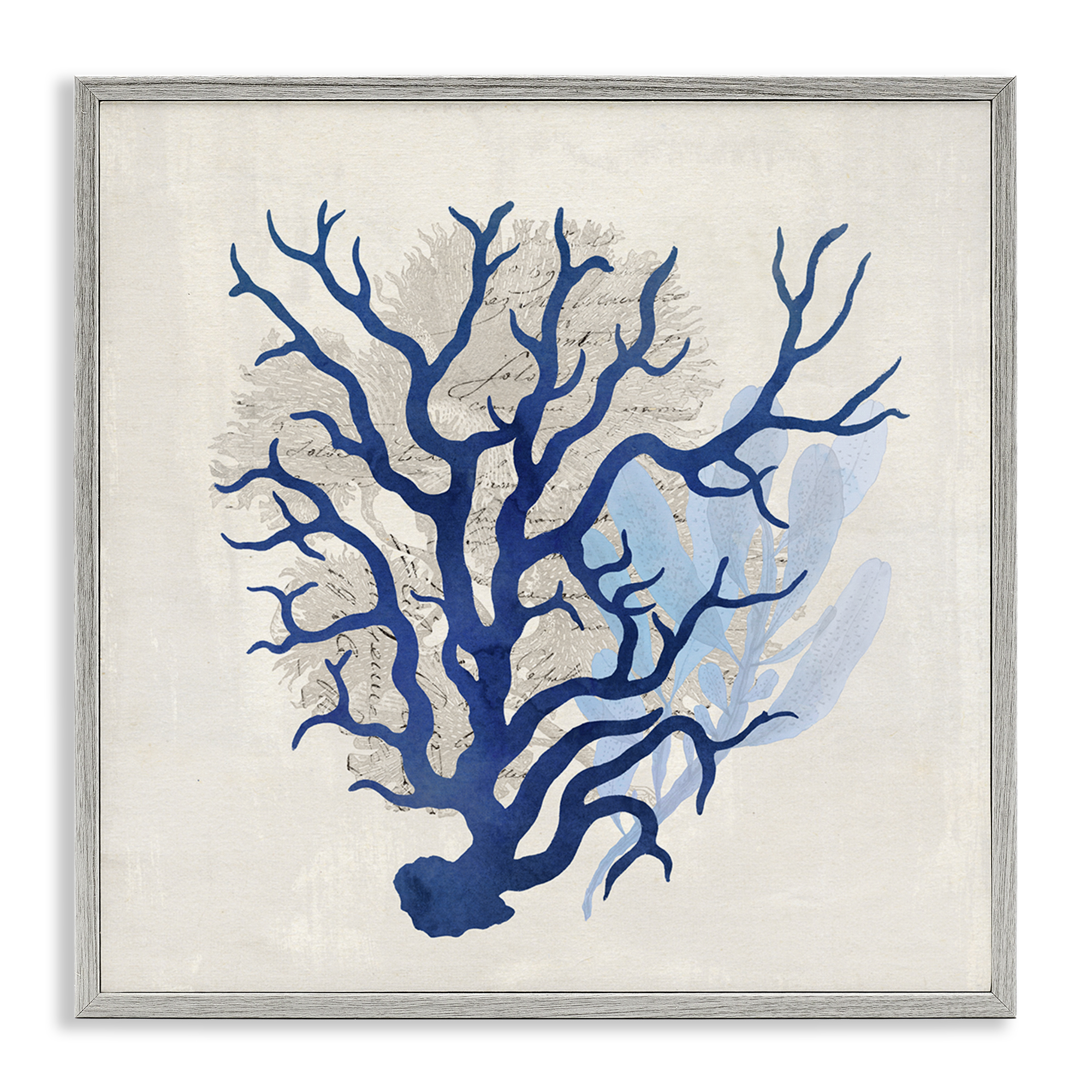 Stupell Industries Blue Coral Branches Nautical & Beach Painting Gray Framed Art Print Wall Art, 12 x 12