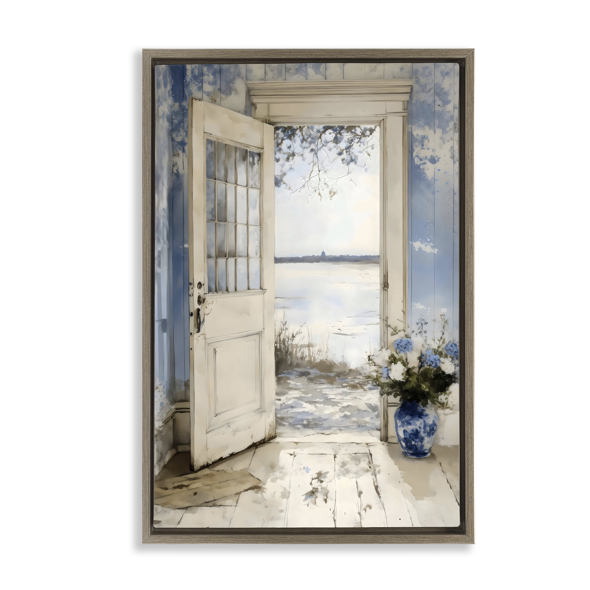 Stupell Industries Blue Country Cottage Doorway Brown Framed Floater Canvas Wall Art, design by LSR Design Studio