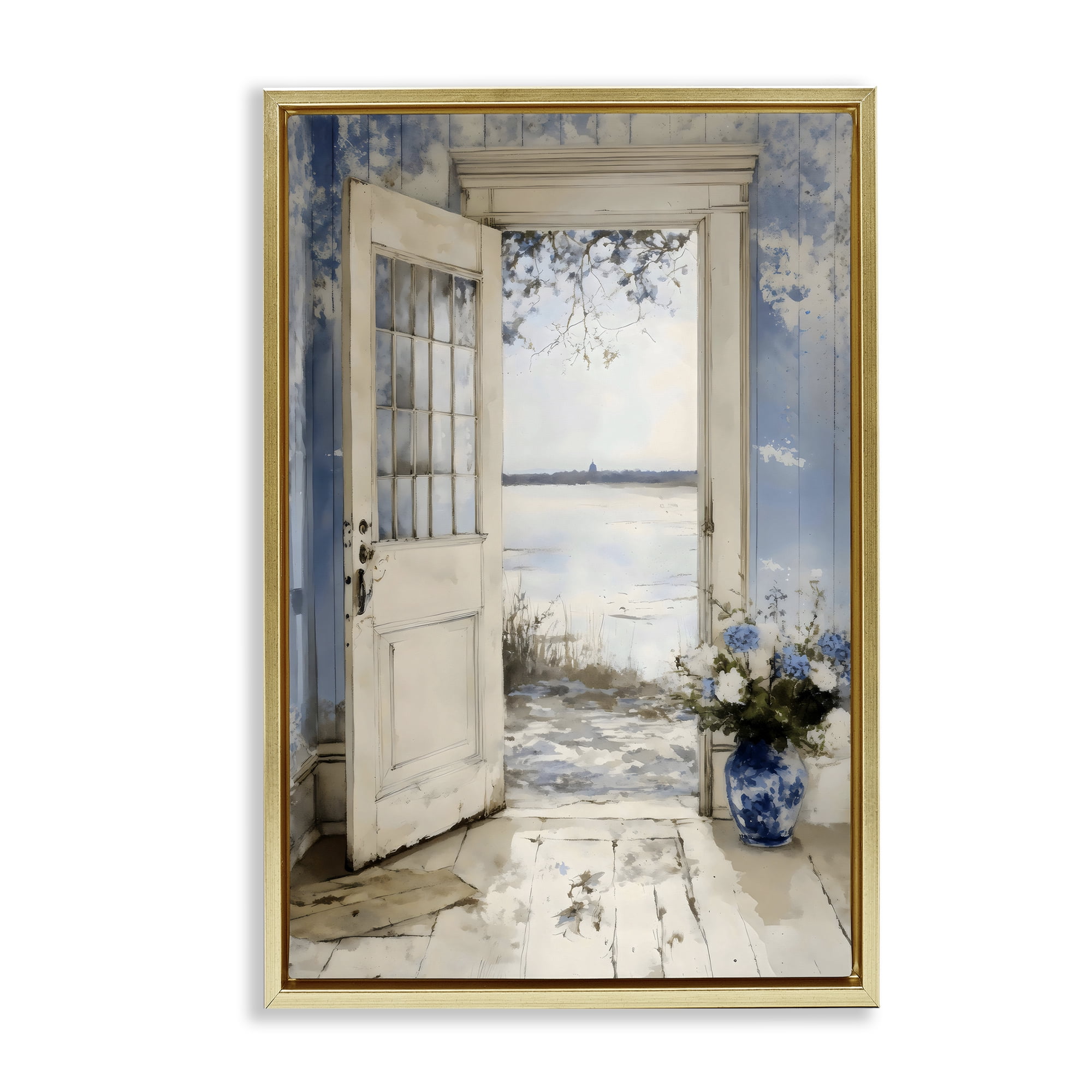 Stupell Industries Blue Country Cottage Doorway Gold Framed Floater Canvas Wall Art, design by LSR Design Studio