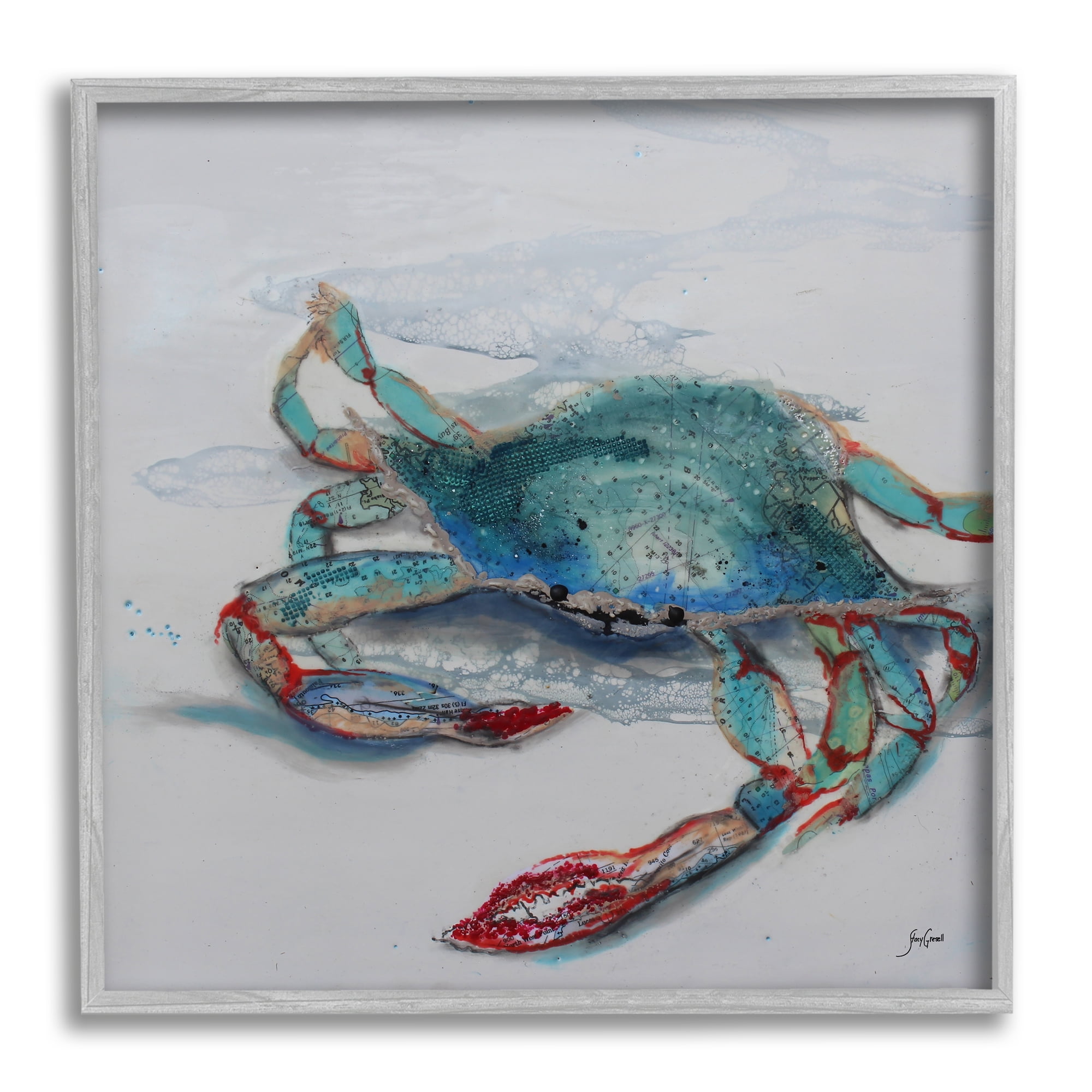 Stupell Industries Blue Crab Abstract Patterns Animals & Insects Painting Gray Framed Art Print Wall Art, 24 x 24