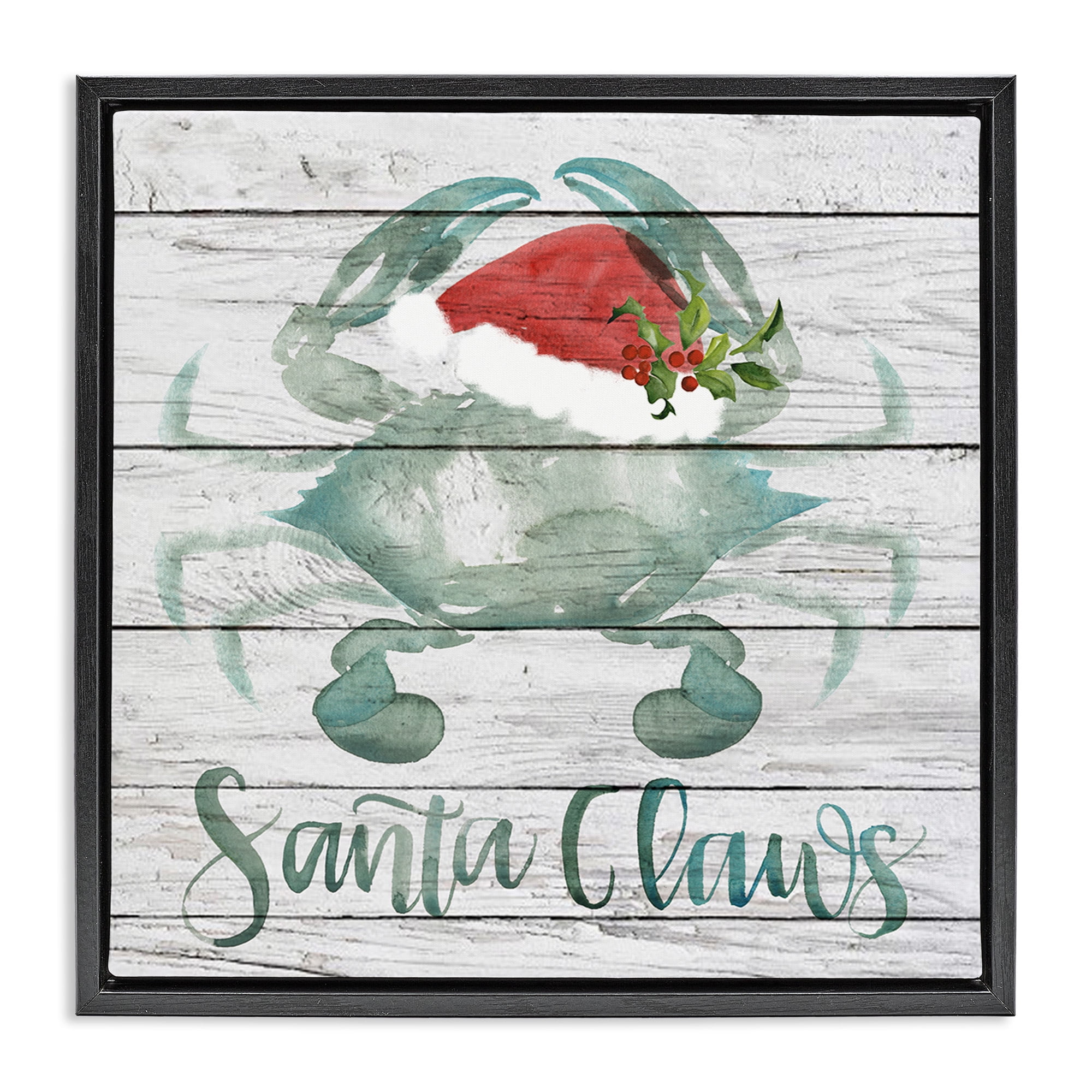 Stupell Industries Blue Crab Nautical Christmas Pun Nature Painting Black Floater Framed Canvas Art Print Wall Art, 25 x 25