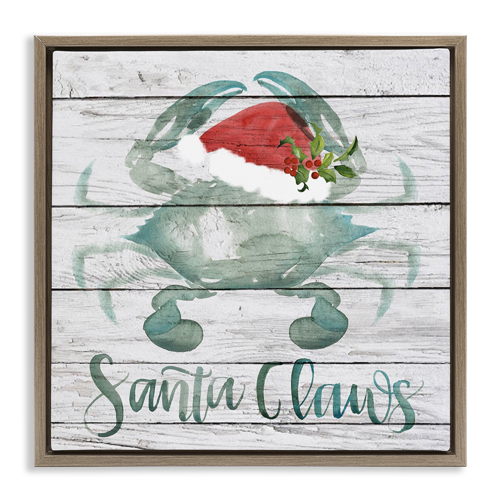 Stupell Industries Blue Crab Nautical Christmas Pun Nature Painting Brown Floater Framed Canvas Art Print Wall Art, 18 x 18